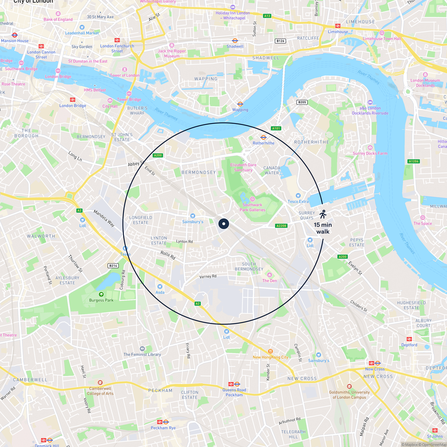 Map showing the location of 14 Almond Road , London, SE16 3LR and the surrounding 15 minute walk area.