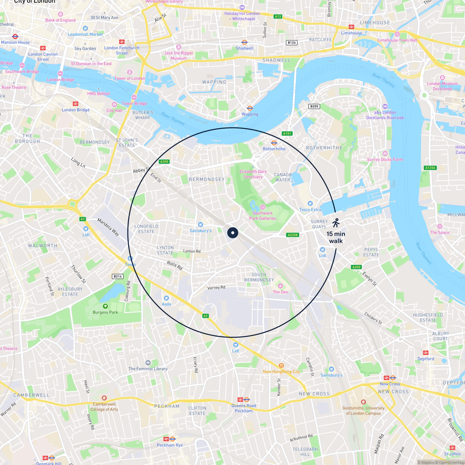 Map showing the location of 14 Almond Road , London, SE16 3LR and the surrounding 15 minute walk area.