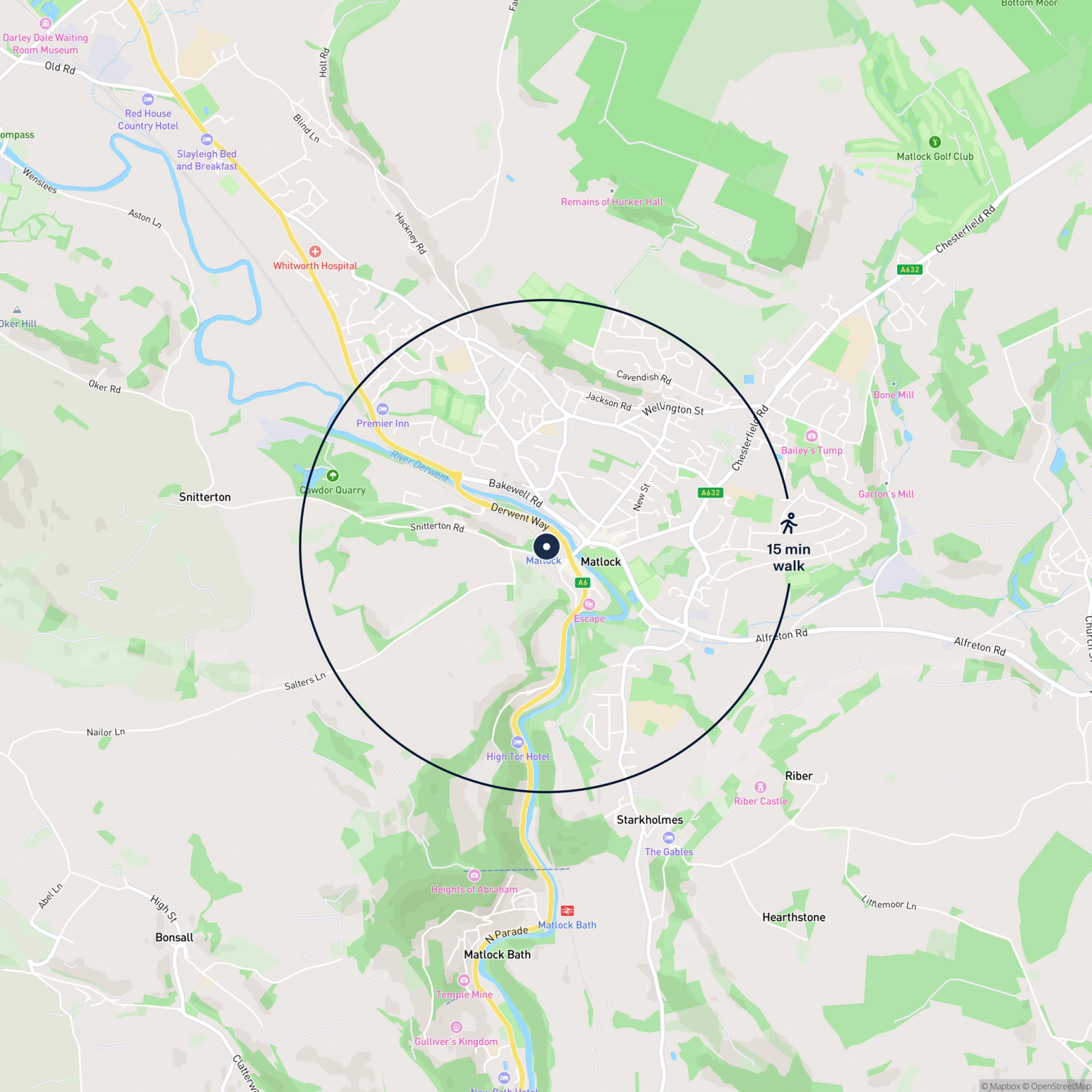 Map showing the location of Former Station Buildings, Matlock, DE4 3NA and the surrounding 15 minute walk area.