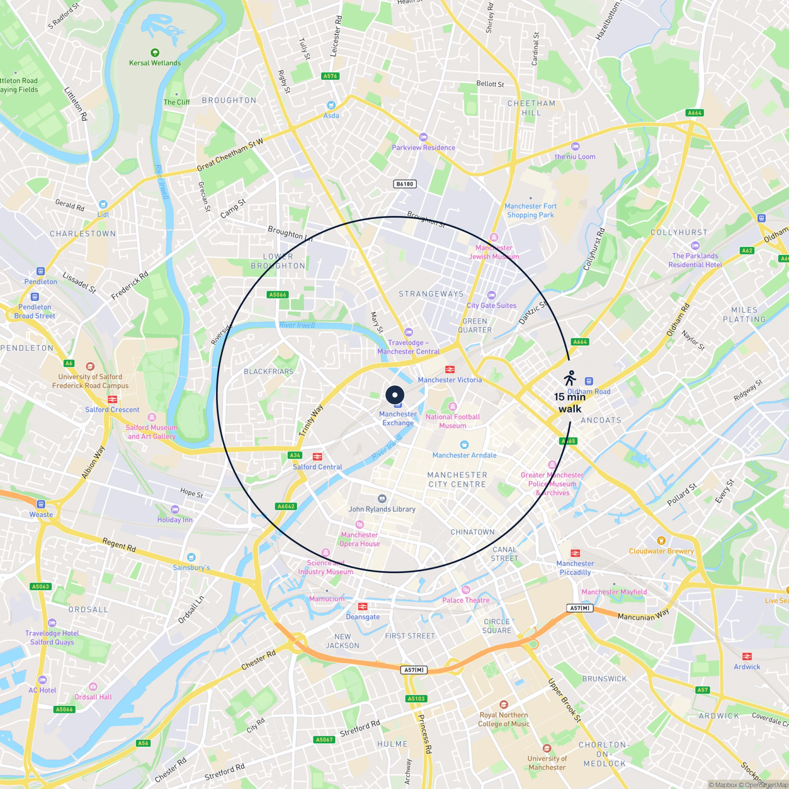Map showing the location of 1 Norton Street, Salford, M3 7NW and the surrounding 15 minute walk area.