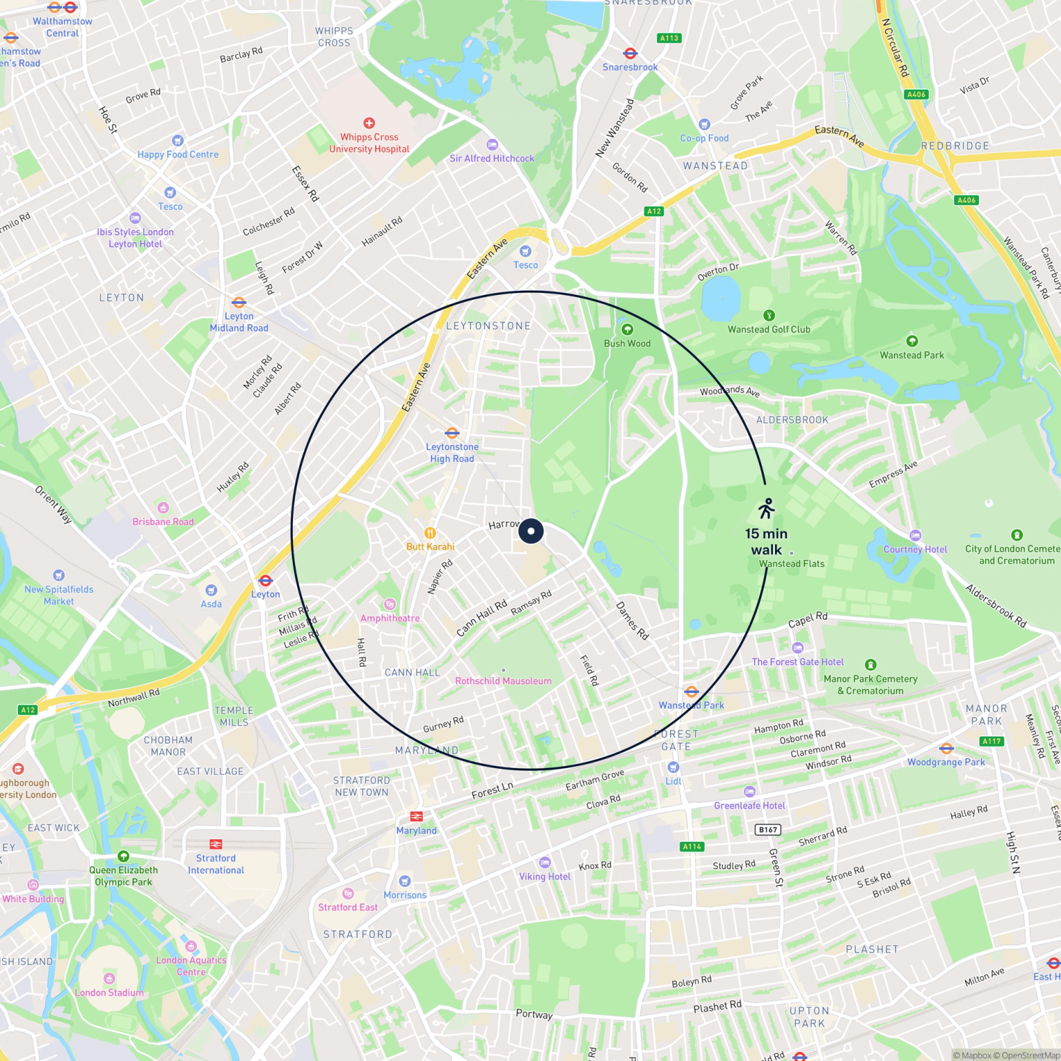 Map showing the location of 308 Harrow Road, London, E11 3PX and the surrounding 15 minute walk area.