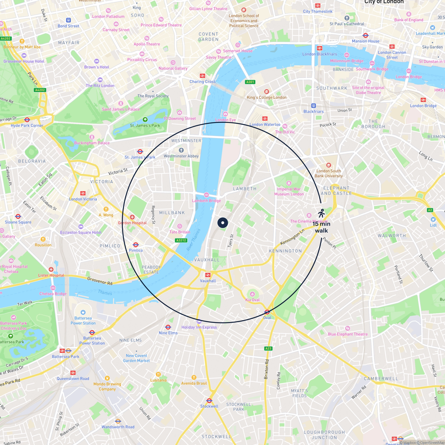 Map showing the location of 122 and 123 Salamanca Street, Vauxhall, SE1 7HX and the surrounding 15 minute walk area.