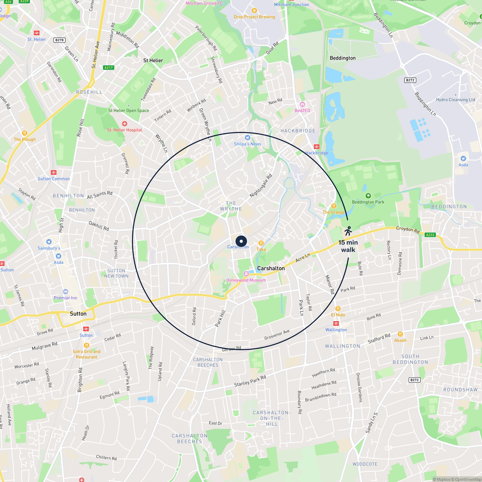 Map showing the location of Yard 1 and 2 at Carshalton Station , Carshalton, SM5 2HW and the surrounding 15 minute walk area.