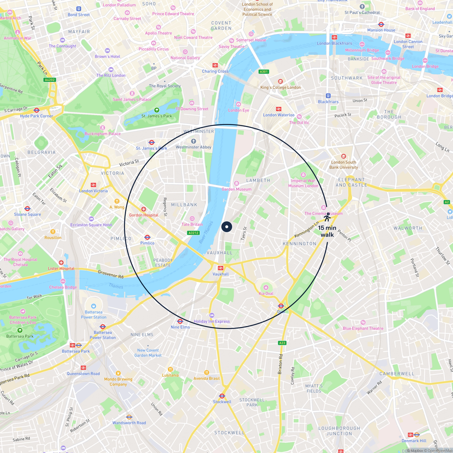 Map showing the location of 106 Tinworth Street, London, SE11 5EQ and the surrounding 15 minute walk area.