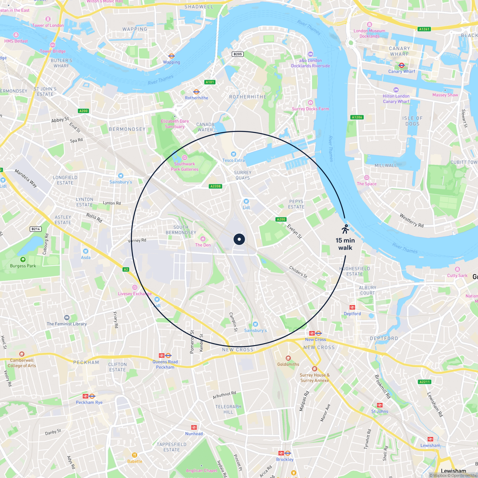 Map showing the location of UNIT 22 GEMINI PROJECT LANDMANN WAY, London, SE14 5RL and the surrounding 15 minute walk area.