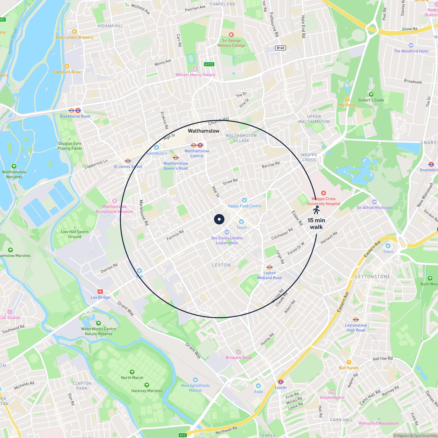 Map showing the location of 85 Russell Road, London, E10 7ES and the surrounding 15 minute walk area.