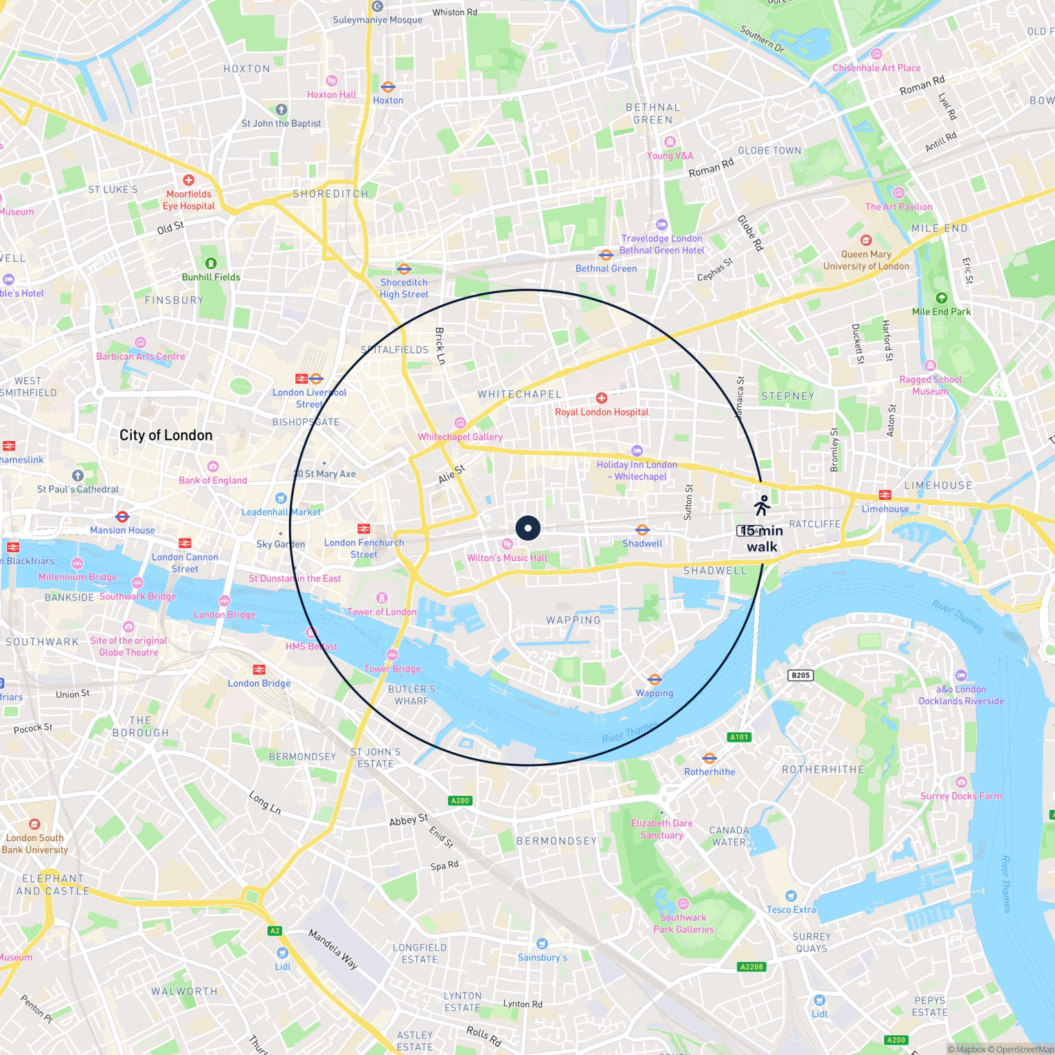 Map showing the location of 4 Pinchin Street, Shadwell, E1 1LX and the surrounding 15 minute walk area.