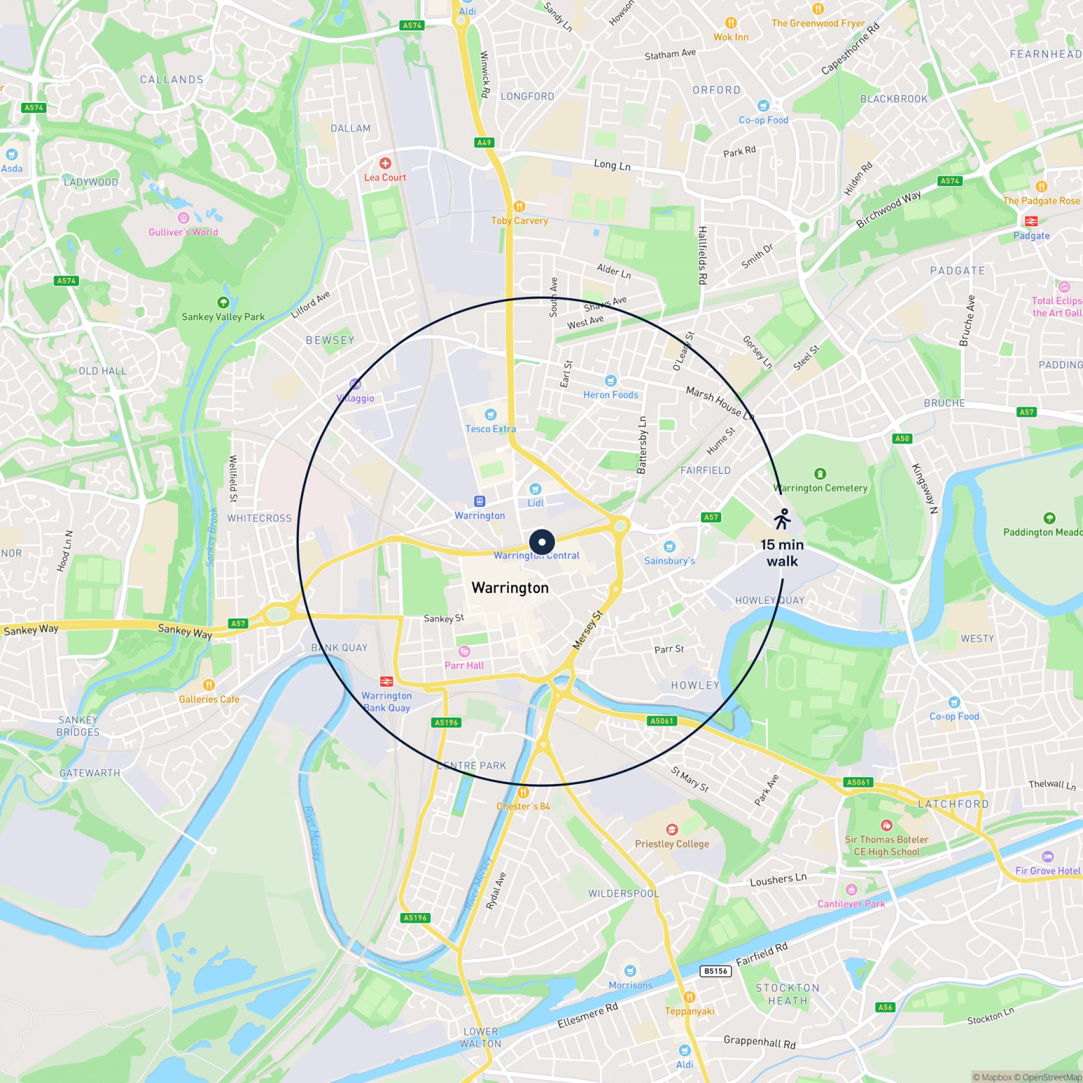 Map showing the location of ARCH 8 CROWN STREET, Warrington, WA1 2AE and the surrounding 15 minute walk area.
