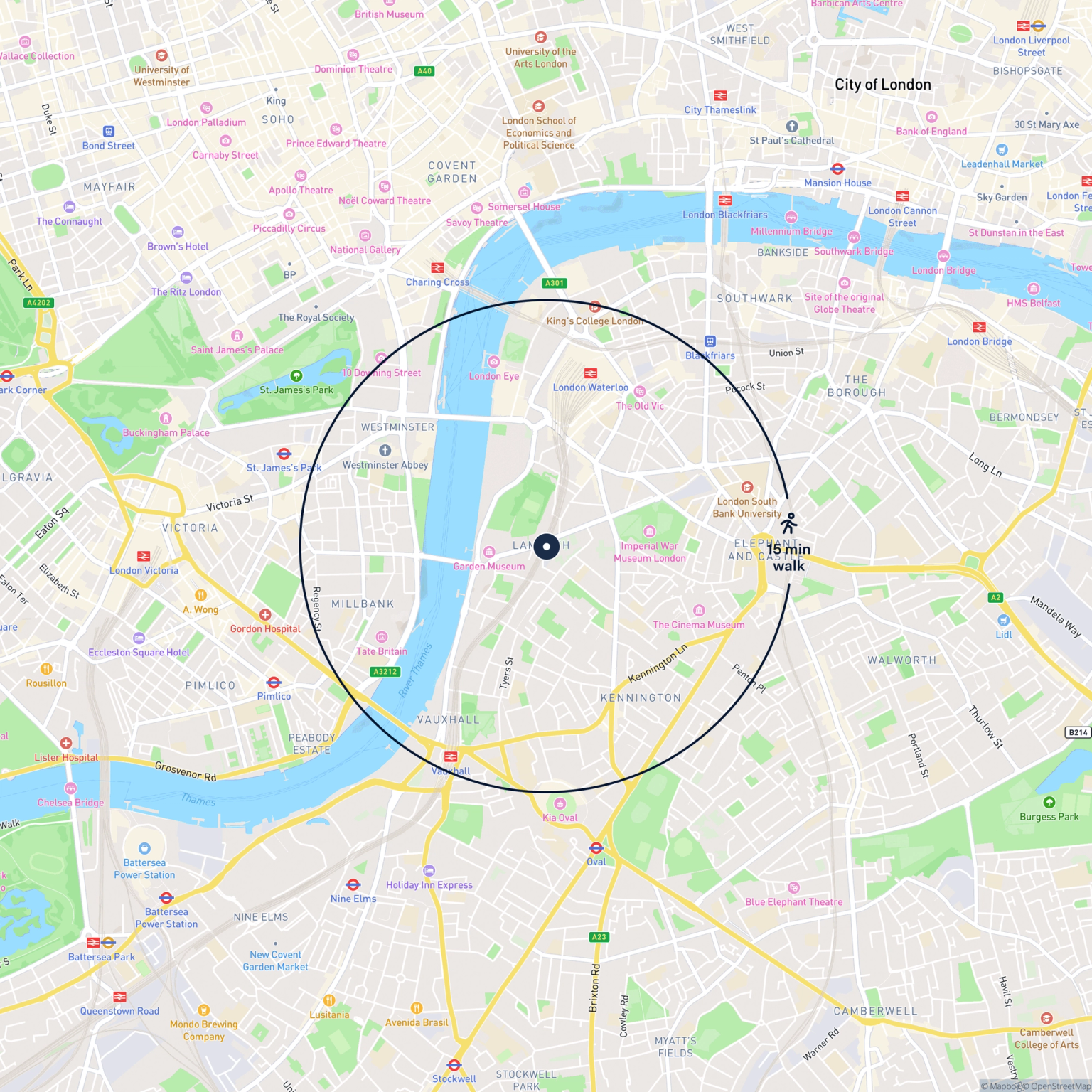 Map showing the location of 174 174a & 174b Sail Street, London, SE11 6NQ and the surrounding 15 minute walk area.