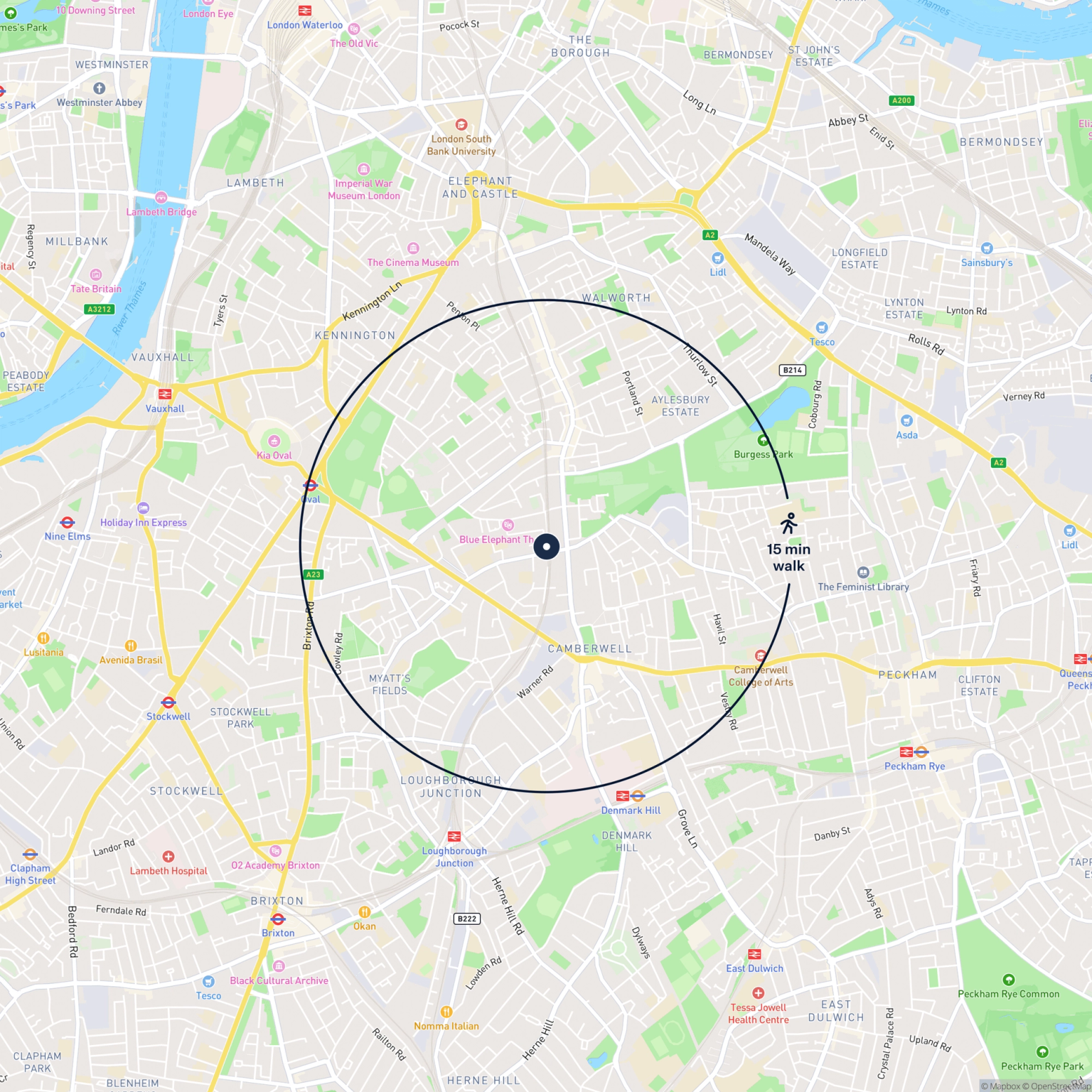 Map showing the location of 303 Jewell Street, Camberwell Goods, SE1 0BU and the surrounding 15 minute walk area.