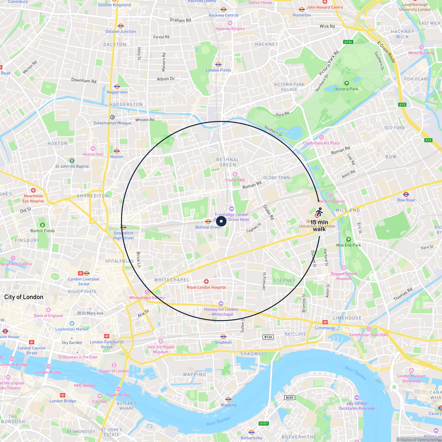 Map showing the location of 20a Cudworth Street, London, E1 5QU and the surrounding 15 minute walk area.