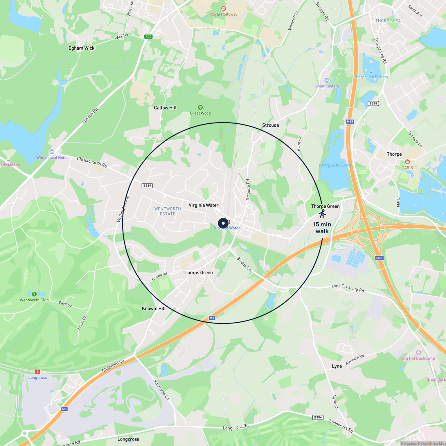 Map showing the location of Premises in Station Yard, Virginia Water, GU25 4AA and the surrounding 15 minute walk area.