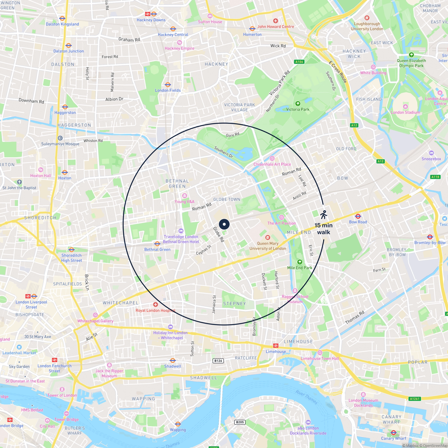 Map showing the location of 192 Bancroft Road, London, E1 4ET and the surrounding 15 minute walk area.