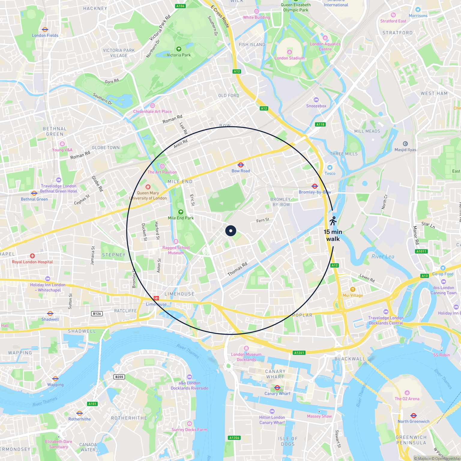 Map showing the location of 445 Burdett Road, Mile End, E3 4JY and the surrounding 15 minute walk area.