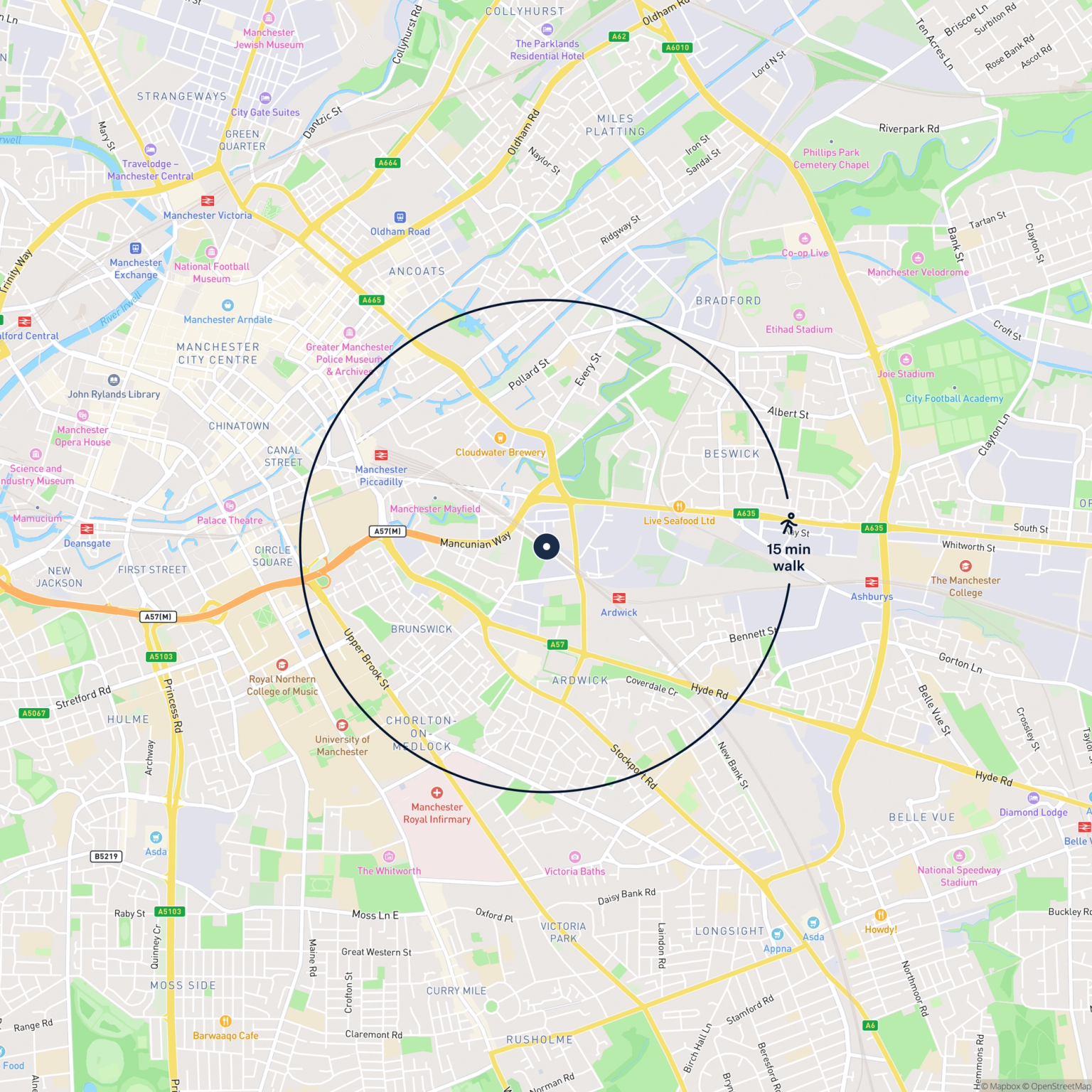 Map showing the location of 74 North Western Street, Manchester, M12 6HU and the surrounding 15 minute walk area.