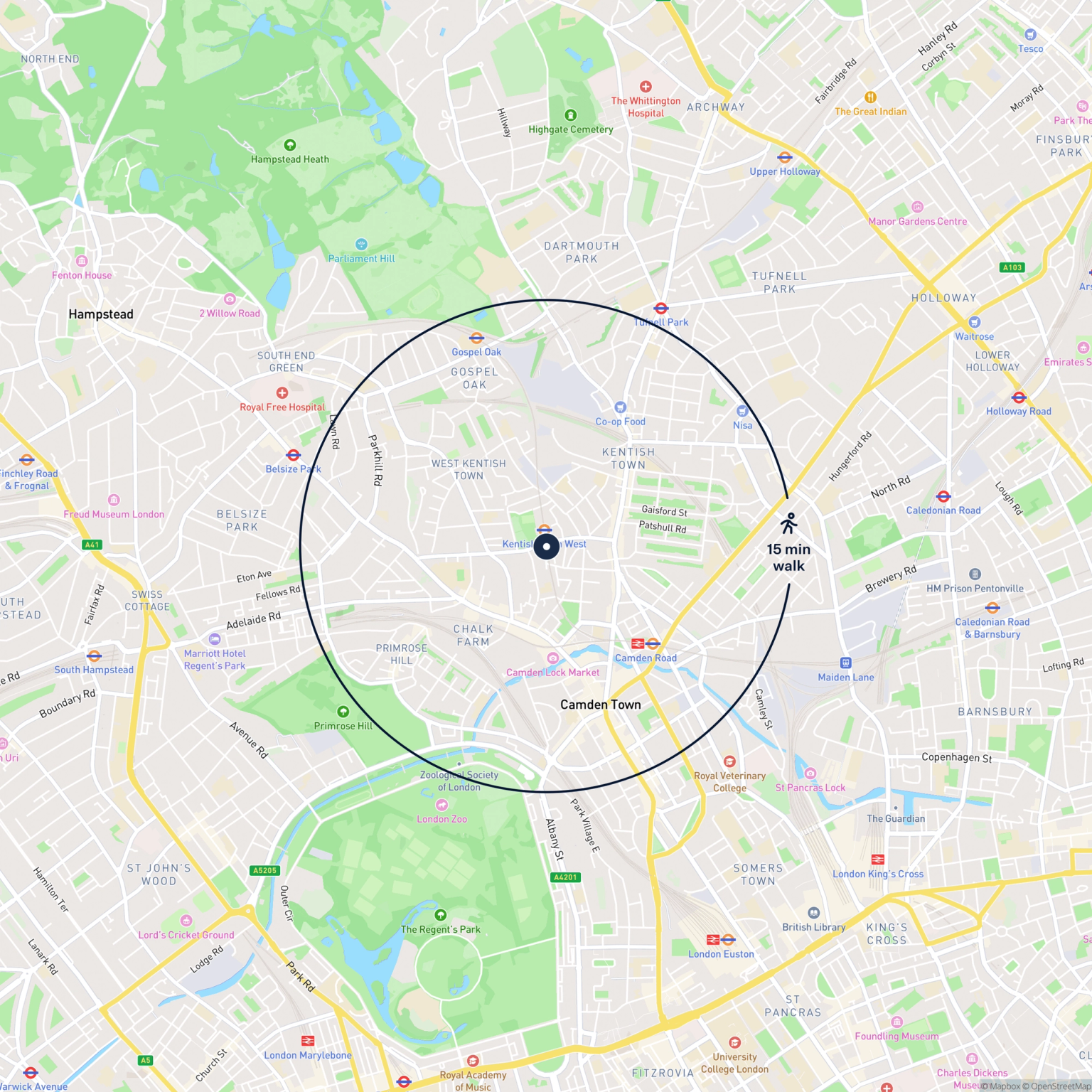 Map showing the location of 50 Prince of Wales Road, London, NW5 3LL and the surrounding 15 minute walk area.