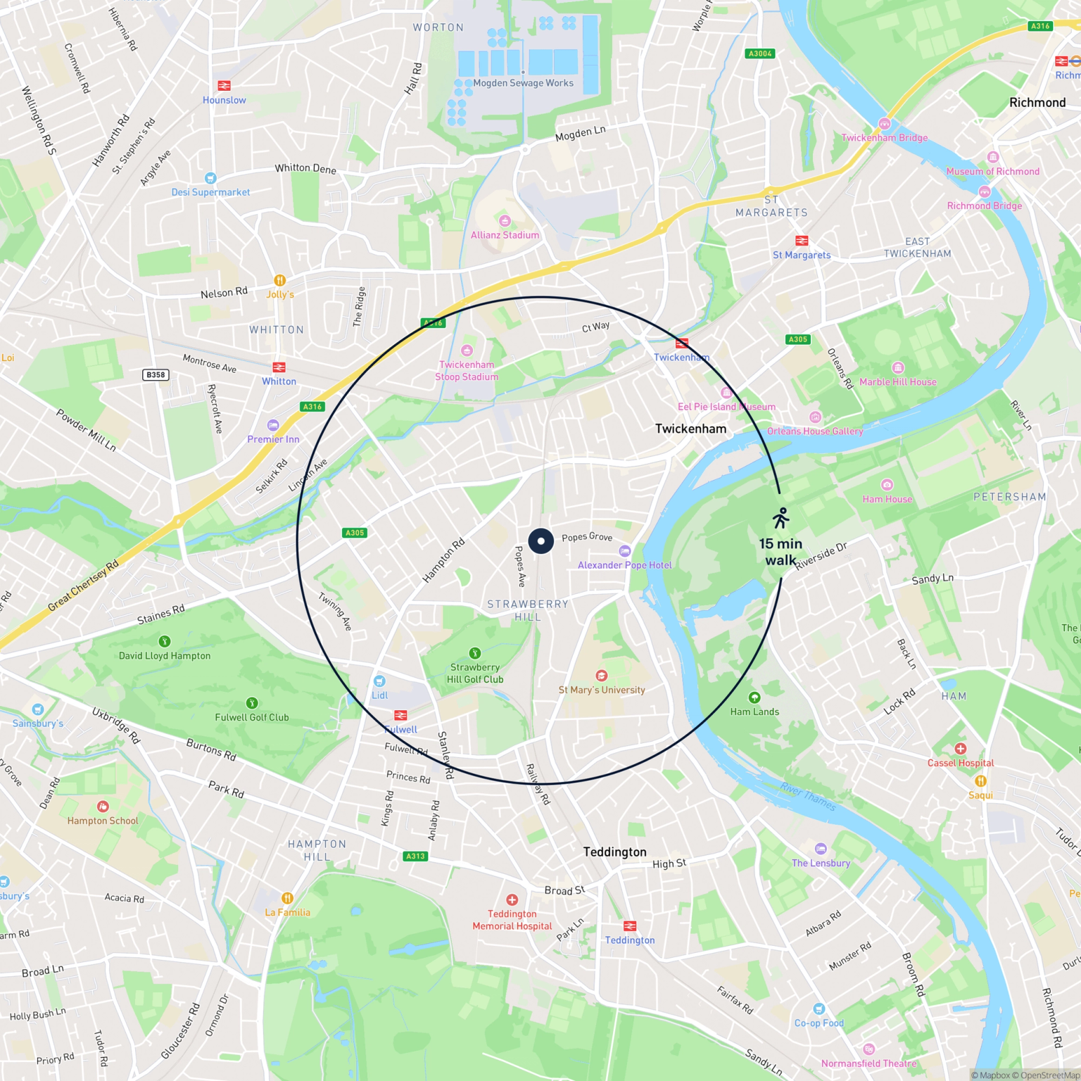 Map showing the location of 33, 35 & 36 Popes Grove, Twickenham, TW2 5TA and the surrounding 15 minute walk area.