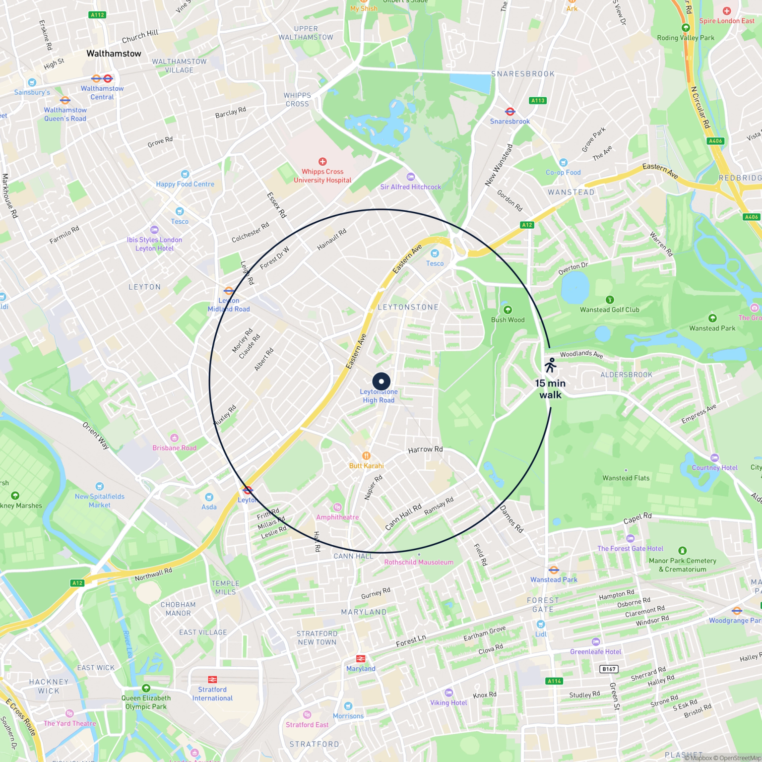 Map showing the location of 255-256 Joseph Ray Road, London, E11 4RA and the surrounding 15 minute walk area.