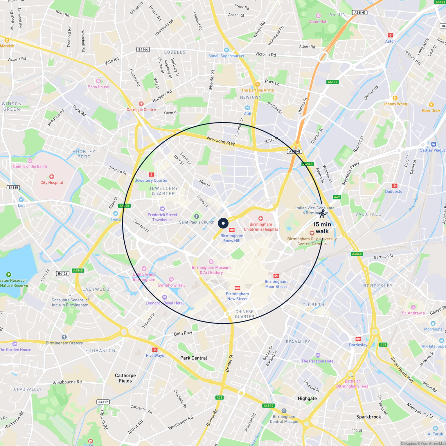 Map showing the location of 12 Livery Street, Birmingham, B3 1EU and the surrounding 15 minute walk area.