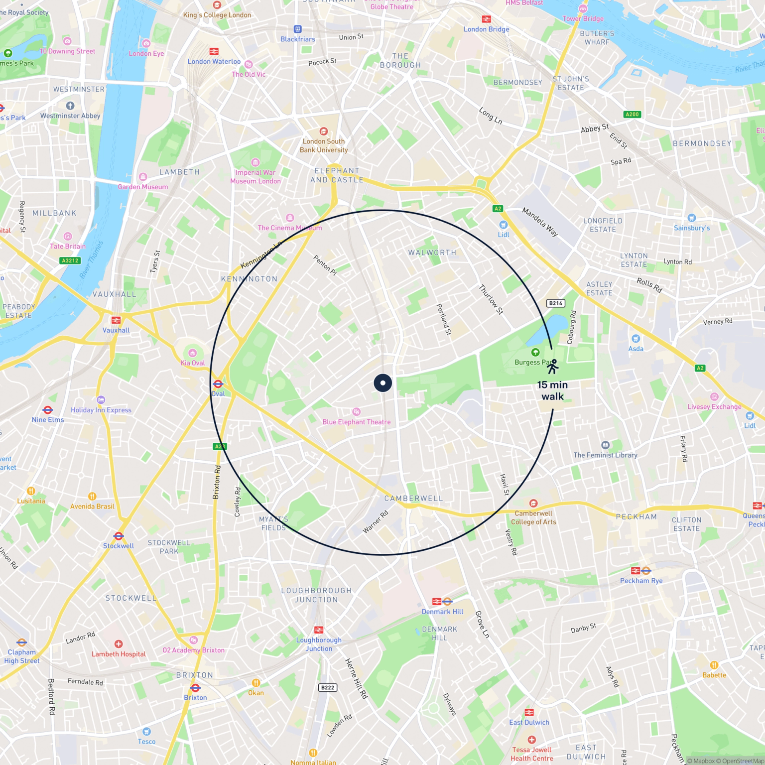 Map showing the location of 268 Urlwin Street, London, SE5 0NF and the surrounding 15 minute walk area.