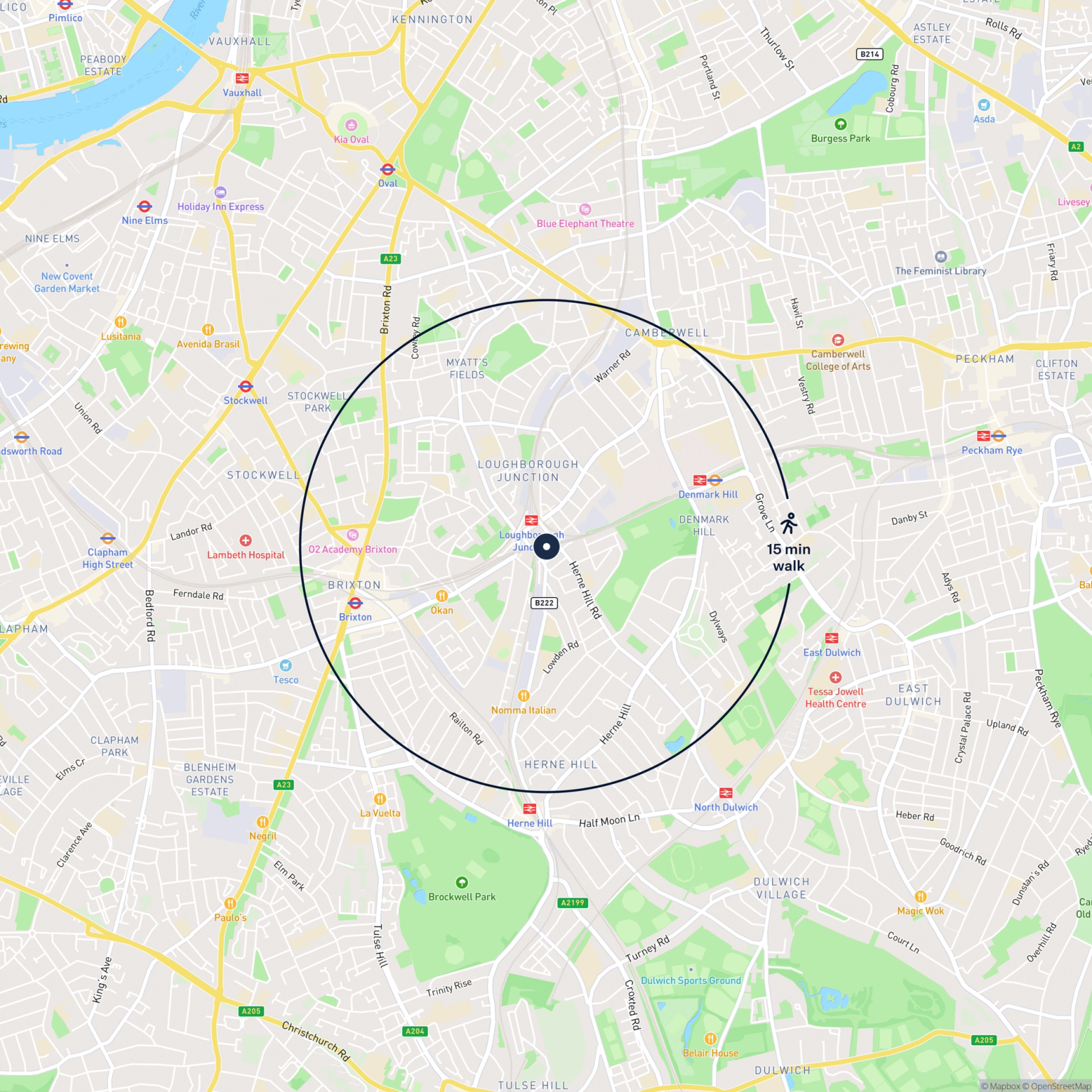 Map showing the location of 257 Hardess Street, London, SE24 0HN and the surrounding 15 minute walk area.