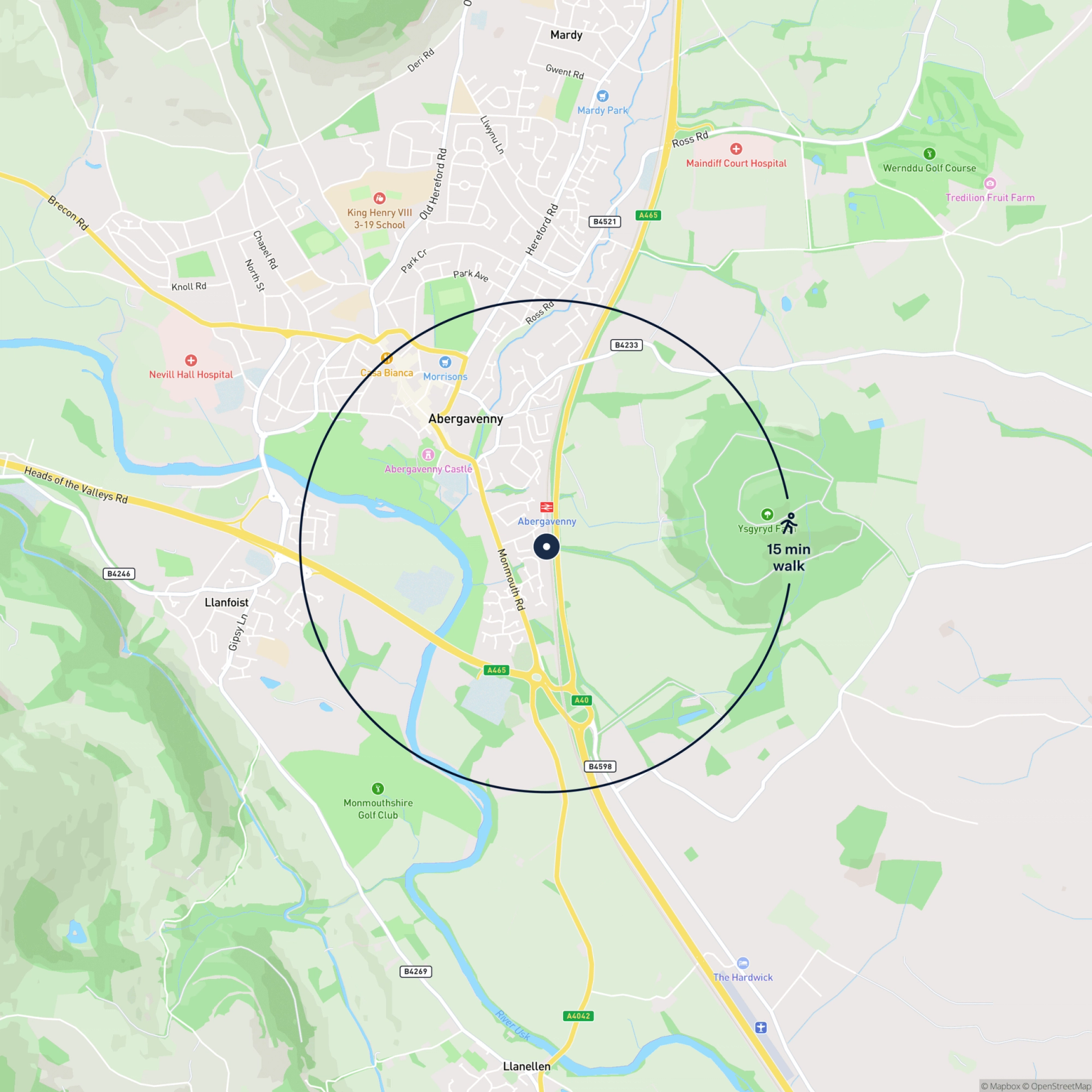 Map showing the location of Abergavenny – Green Corrugated Iron Building in Former Stn Yd, Abergavenny, NP7 5HY and the surrounding 15 minute walk area.