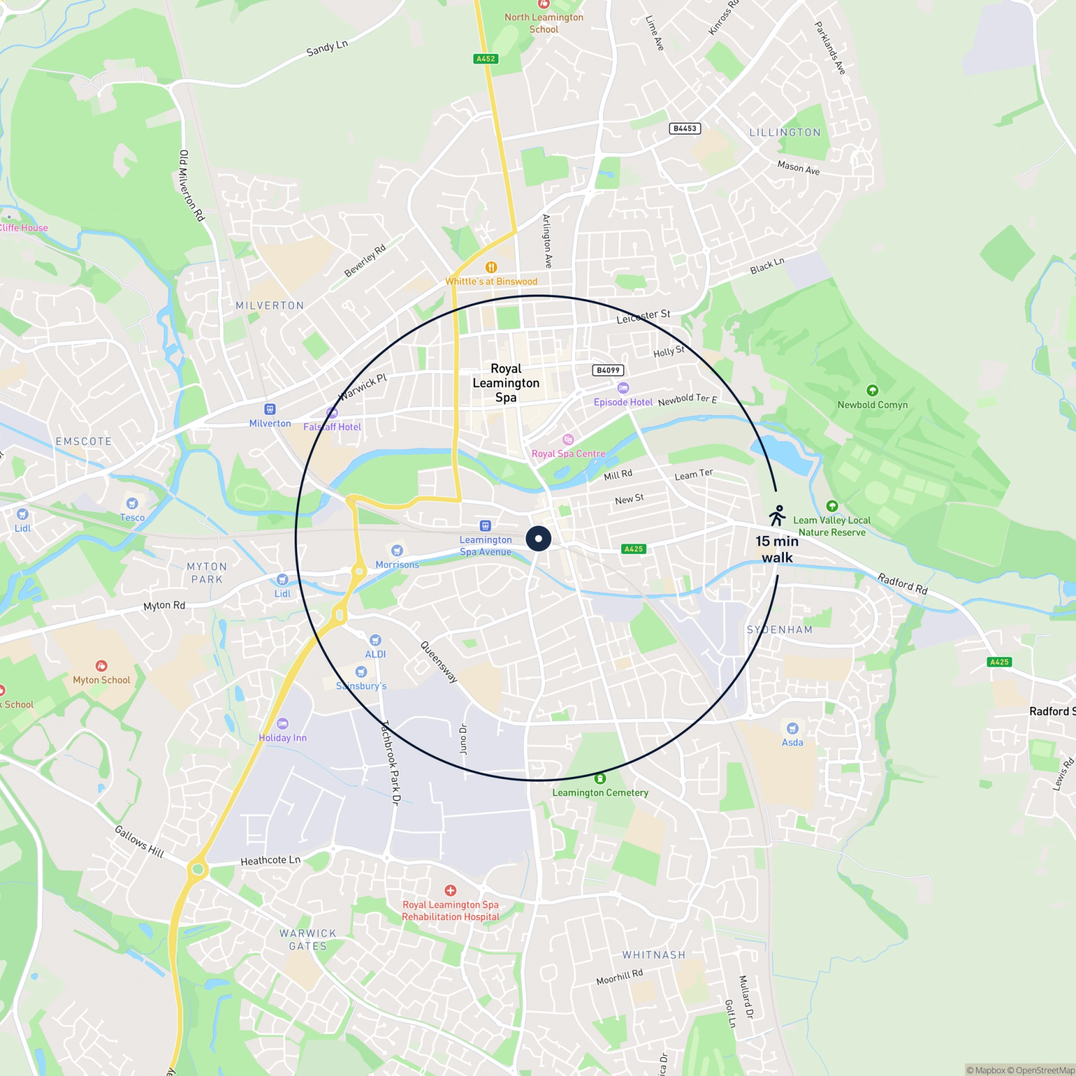 Map showing the location of Unit 36W Bath Place, Leamington Spa, CV31 3AQ and the surrounding 15 minute walk area.