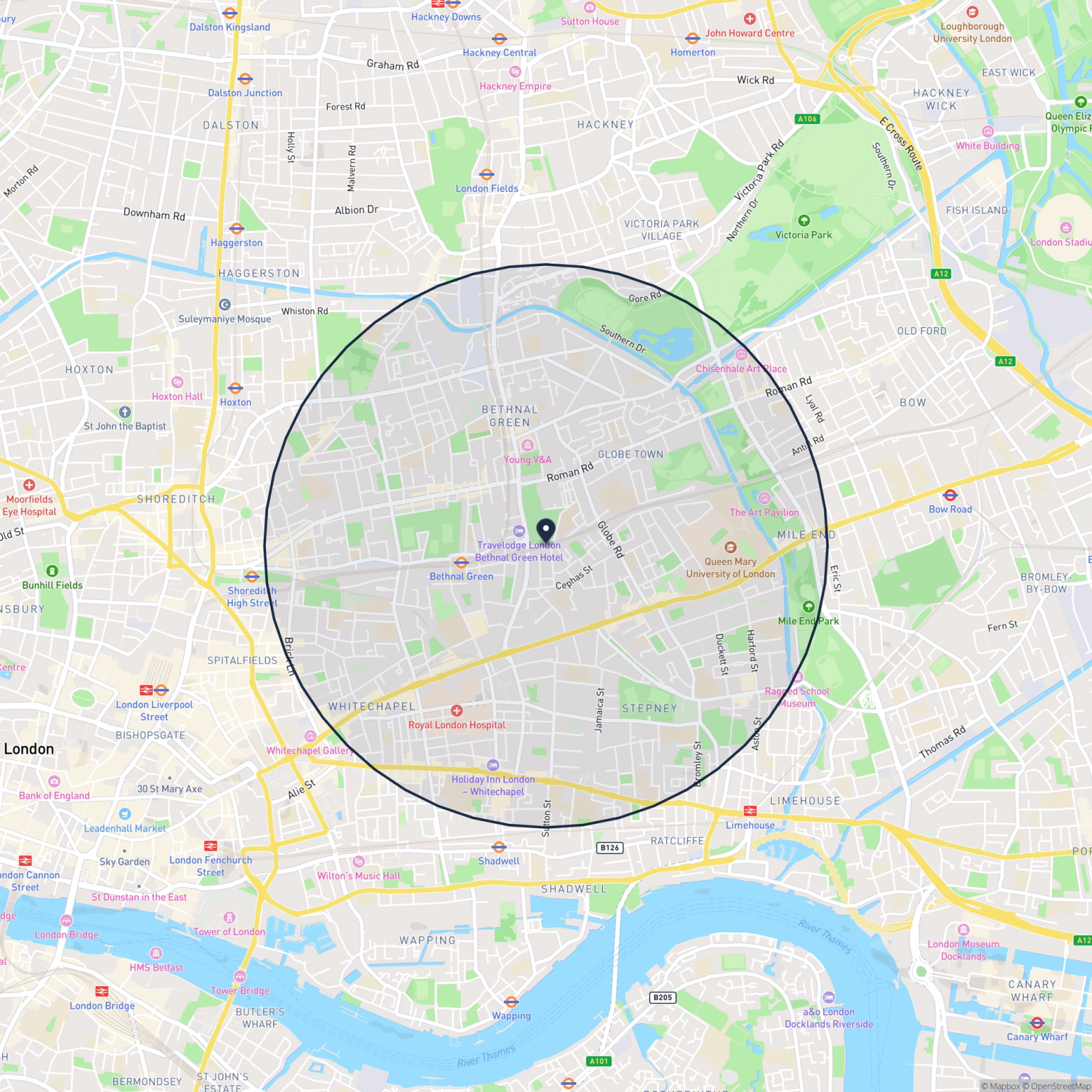 Map showing the location of 165 Malcolm Place, London, E2 0EU and the surrounding 15 minute walk area.