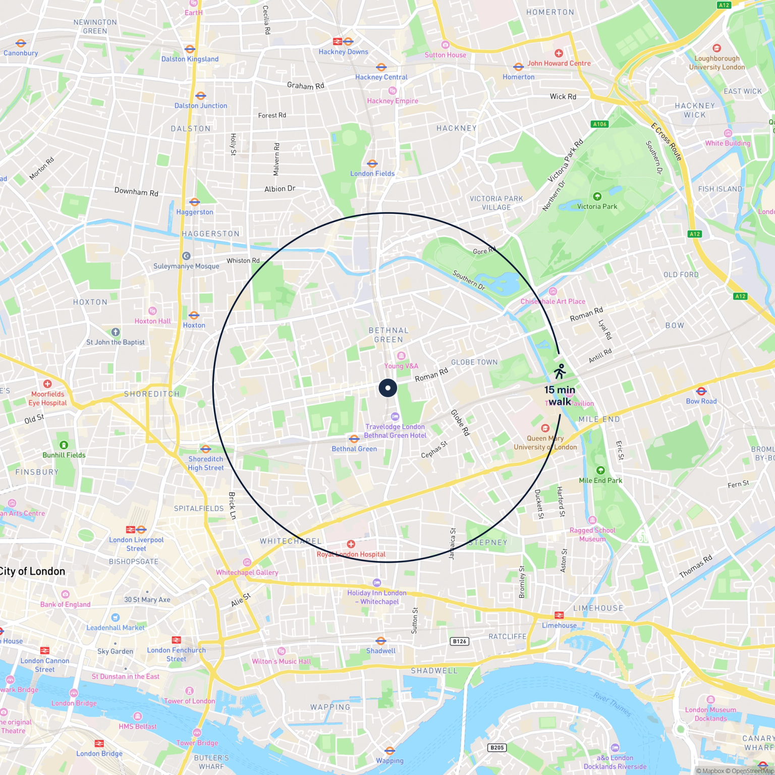 Map showing the location of Unit 13 Gales Gardens, Bethnal Green, London, E2 0EJ and the surrounding 15 minute walk area.
