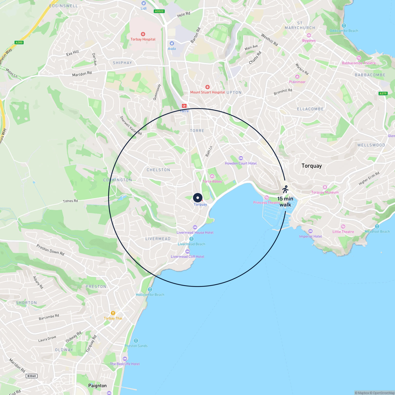 Map showing the location of Unit 5 Upside Station, Solsbro Road, Torquay, TQ2 6NU and the surrounding 15 minute walk area.