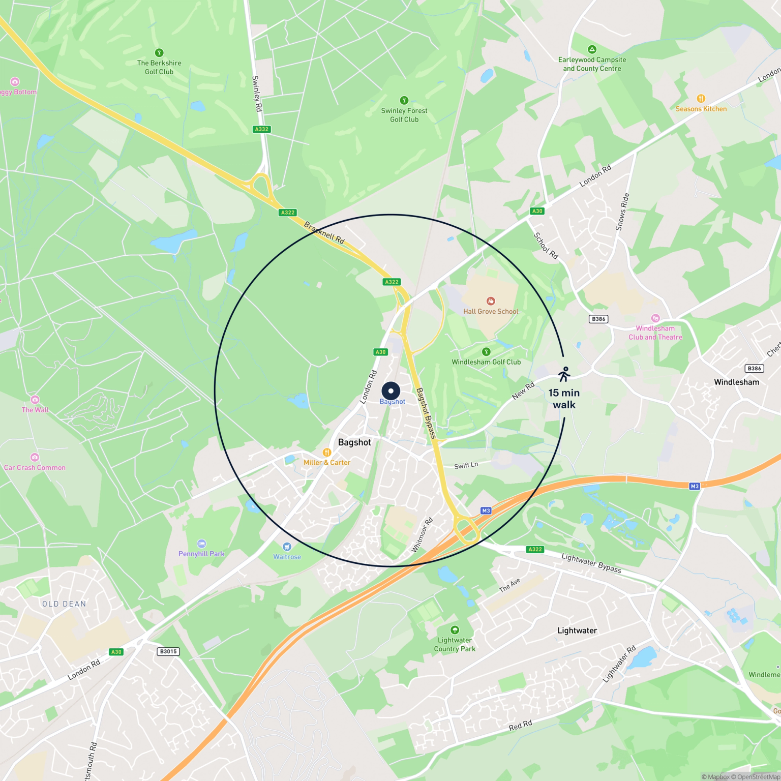 Map showing the location of Bagshot Station House, Station Road, Bagshot, GU19 5AS and the surrounding 15 minute walk area.
