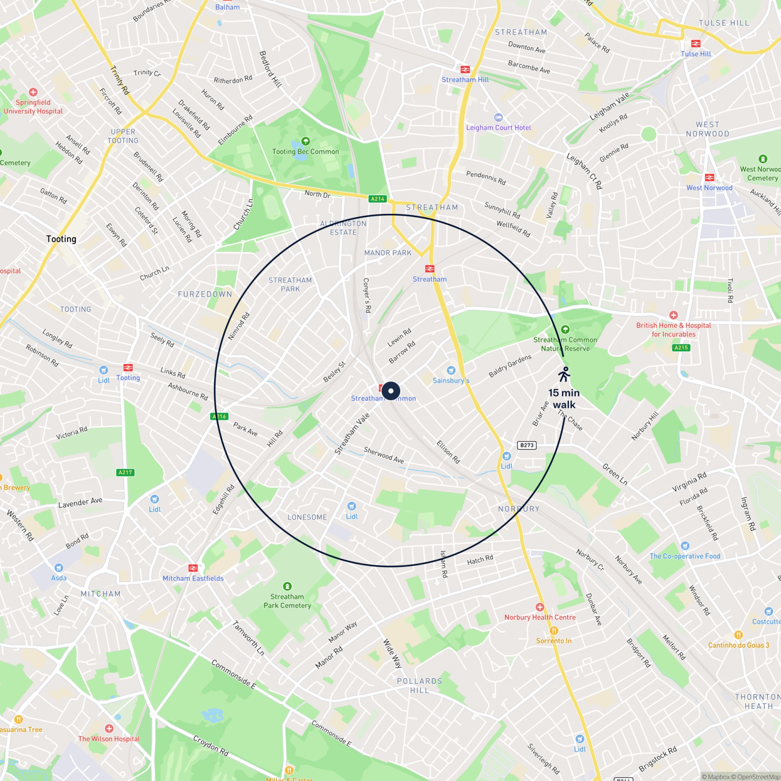 Map showing the location of Unit 1 Station Approach , Streatham Common, London, SW16 5NR and the surrounding 15 minute walk area.