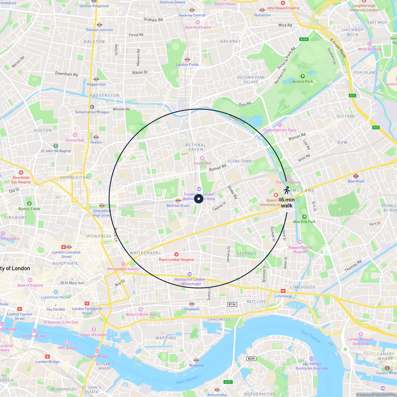 Map showing the location of 30 Buckhurst Street, Bethnal Green, London, E2 6JN and the surrounding 15 minute walk area.
