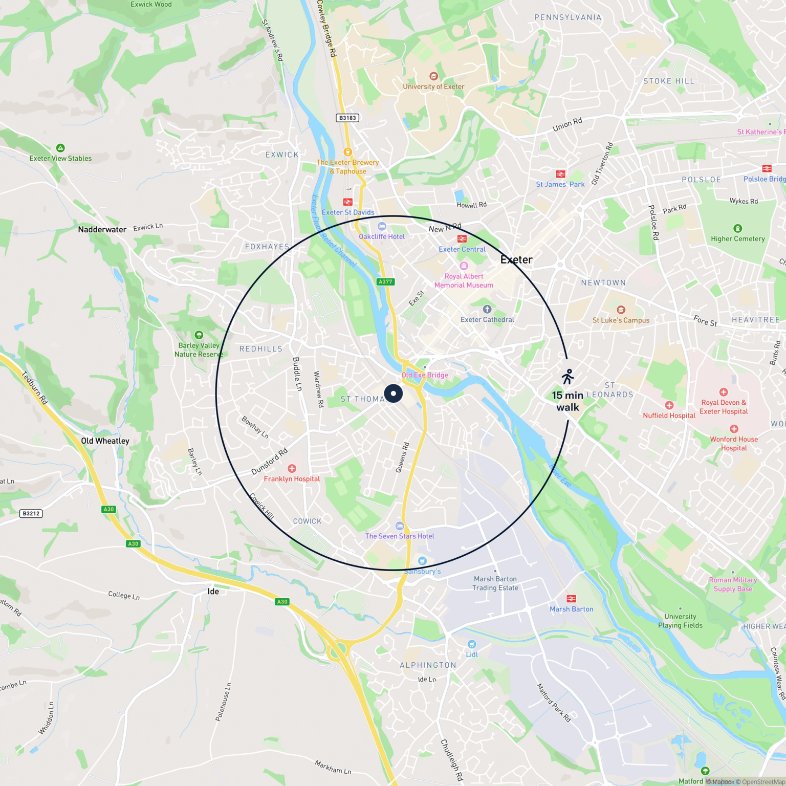 Map showing the location of Units 17/18 St Thomas Court, Cowick Street, Exeter, EX4 1AJ and the surrounding 15 minute walk area.