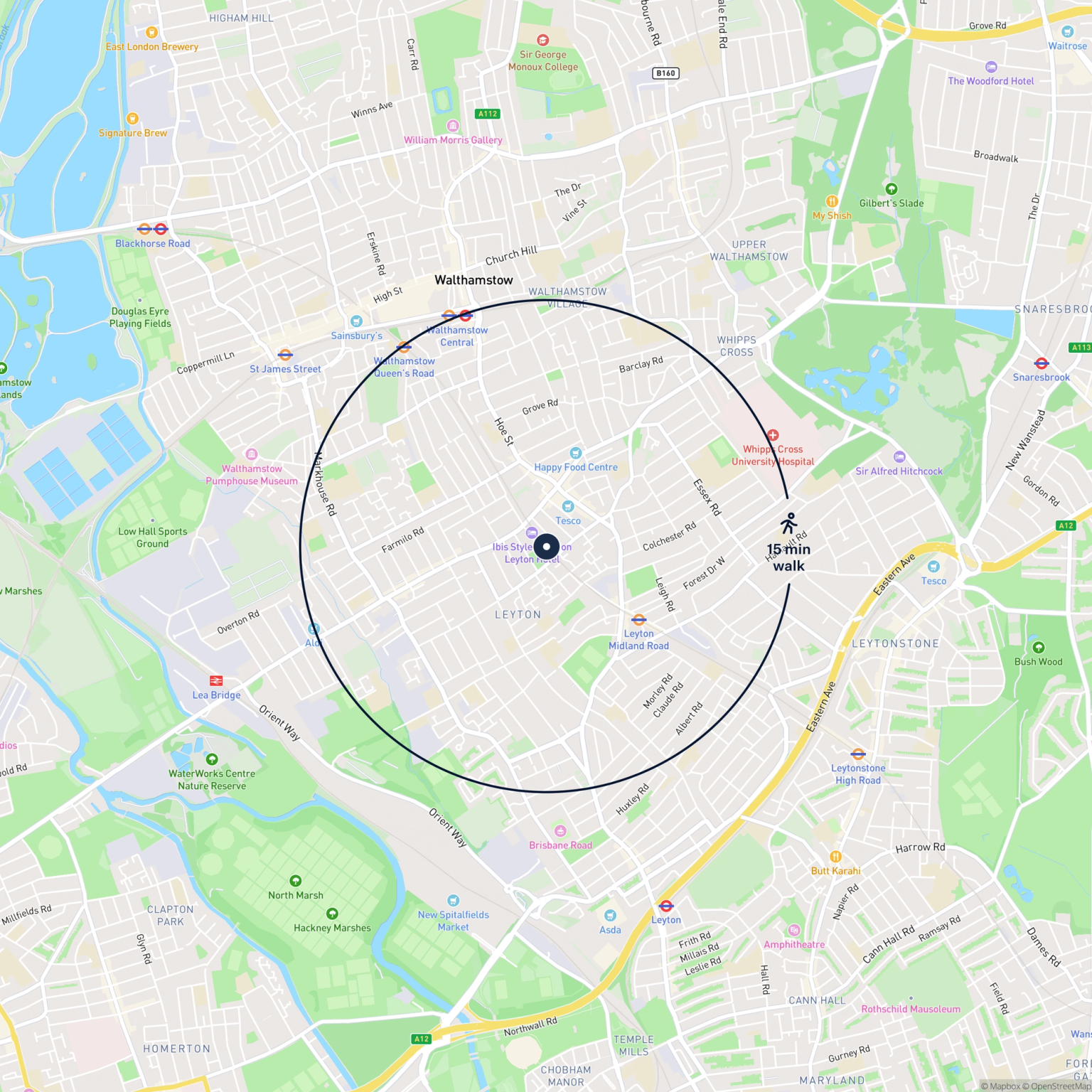Map showing the location of 111 Lea Bridge Road, Leyton , London, E10 7AG and the surrounding 15 minute walk area.