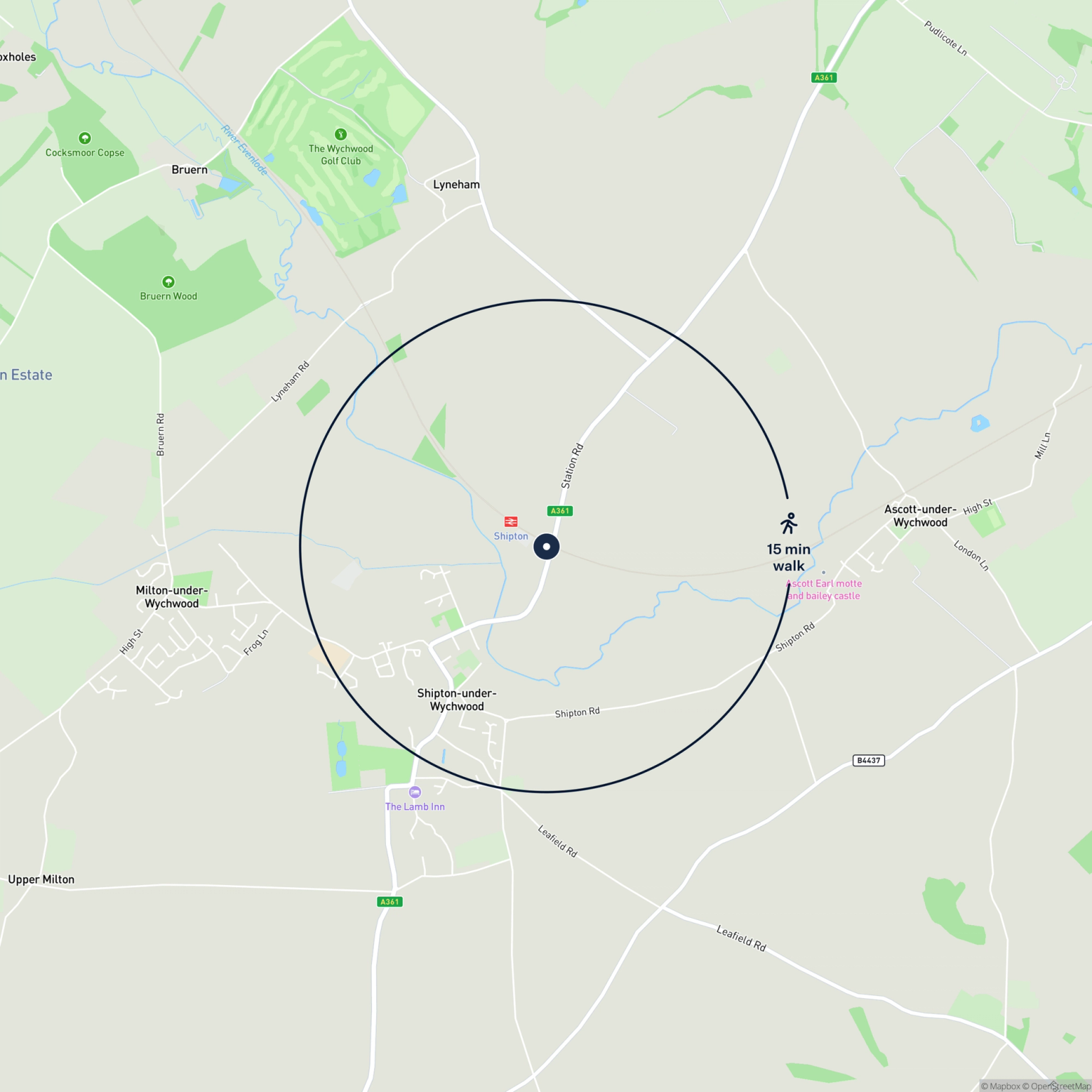 Map showing the location of Shipton-under-Wychwood - Land in Former Downside Yard, Chipping Norton, OX7 6BQ and the surrounding 15 minute walk area.