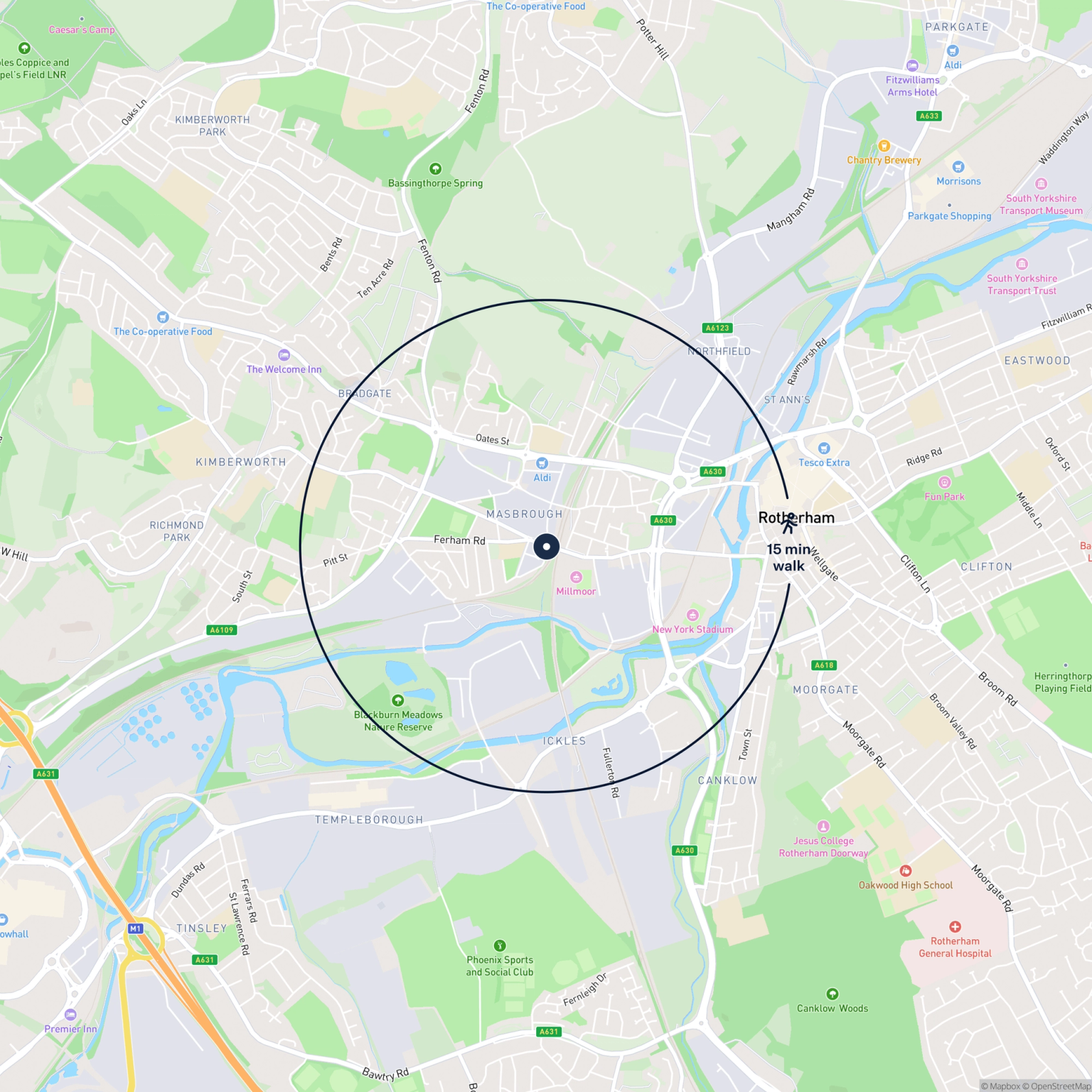 Map showing the location of 3 Coronation Bridge, Rotherham, S61 1AA and the surrounding 15 minute walk area.