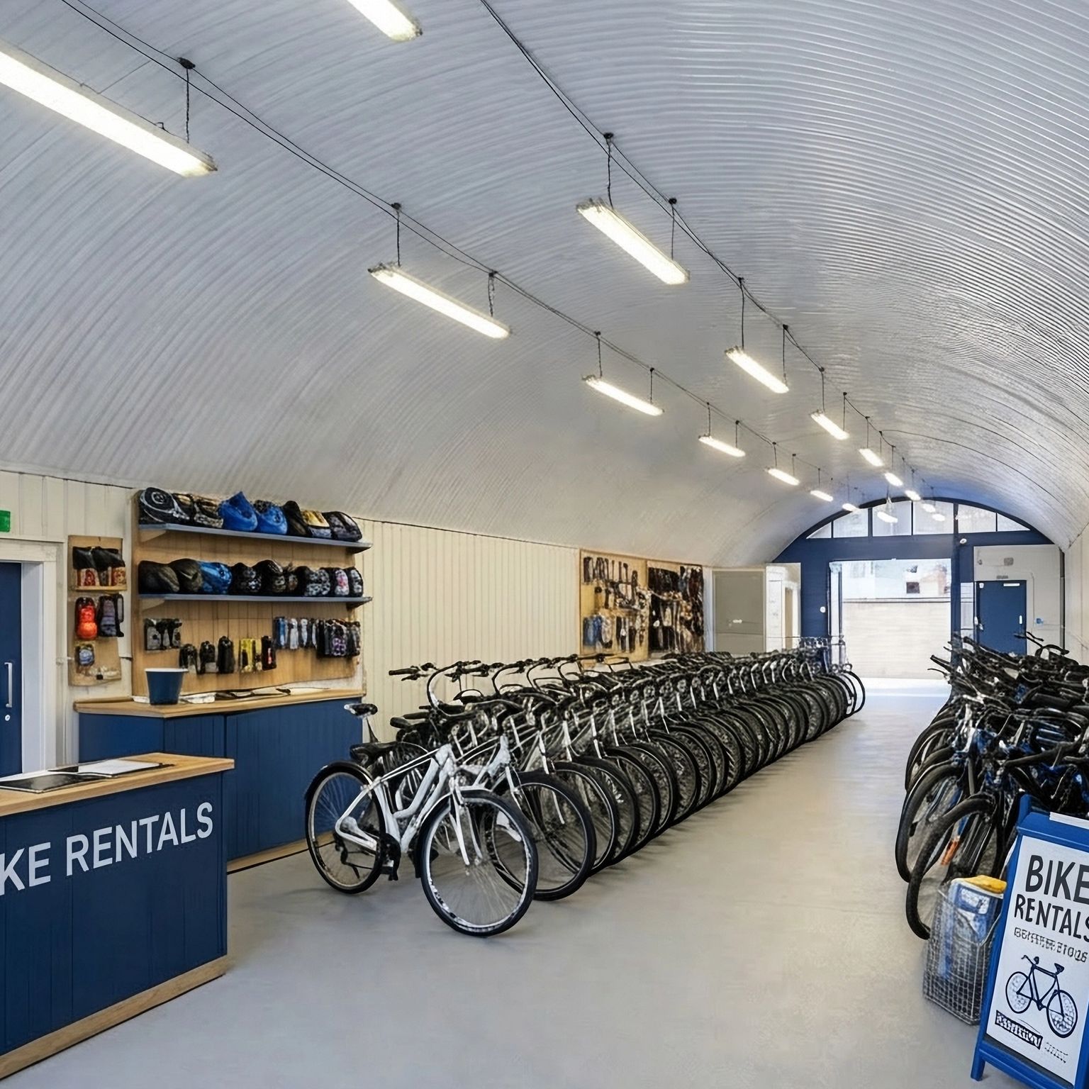 Interior of a bike rental facility with a vaulted ceiling, a reception counter, and many bicycles arranged in rows.