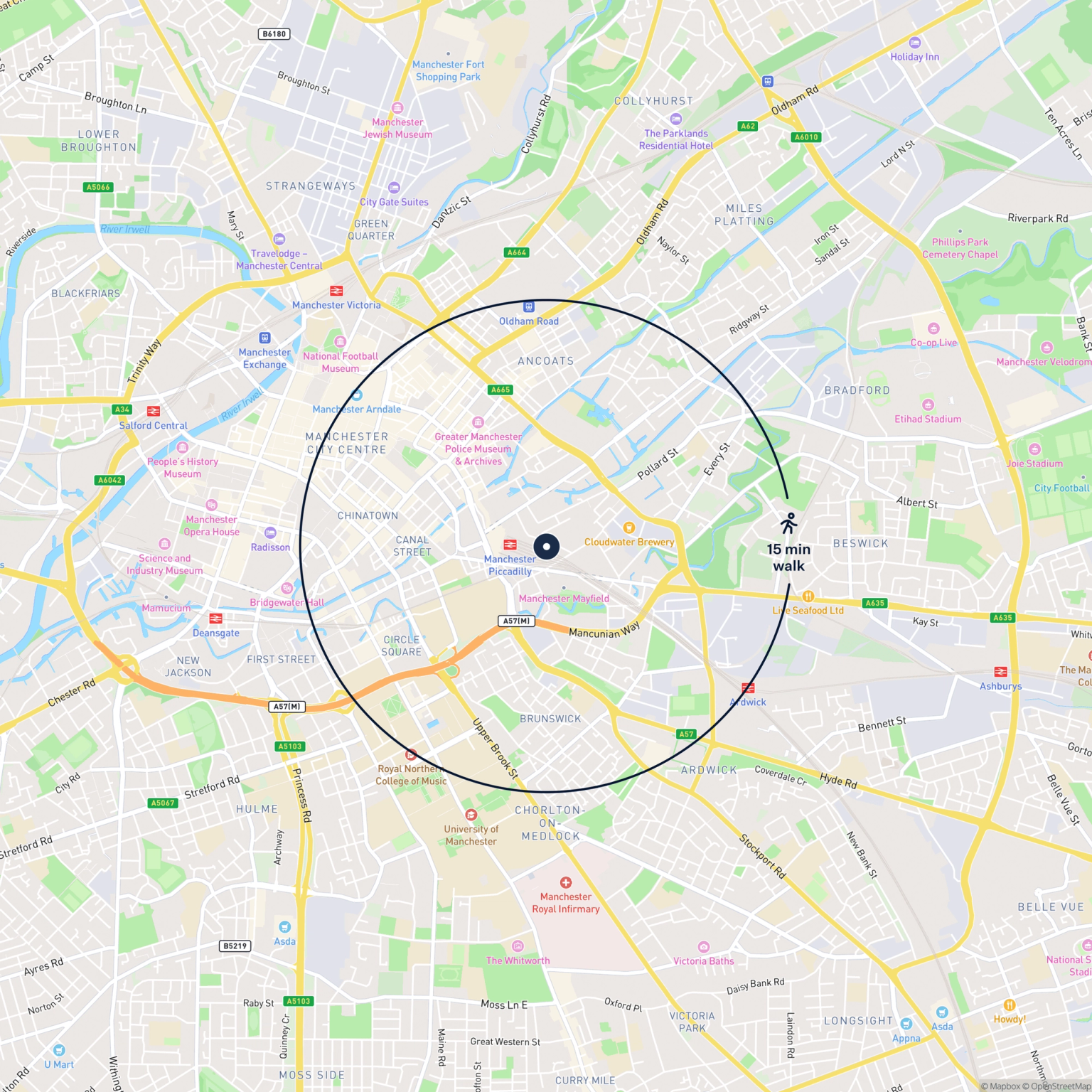 Map showing the location of 14 Sheffield Street, Manchester, M1 2ND and the surrounding 15 minute walk area.