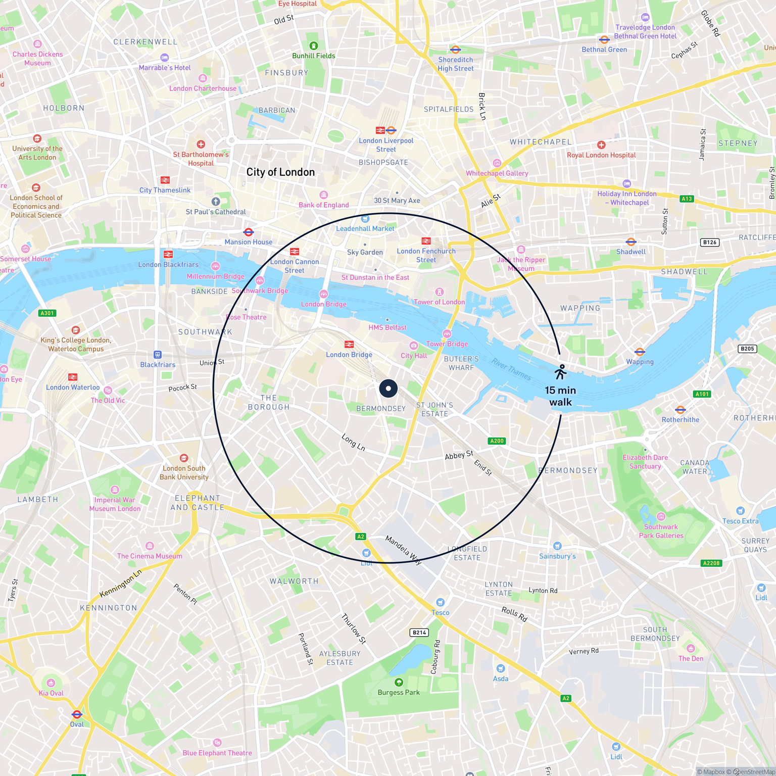 Map showing the location of 865, 866 & 866W Crucifix Lane , London, SE1 3JW and the surrounding 15 minute walk area.