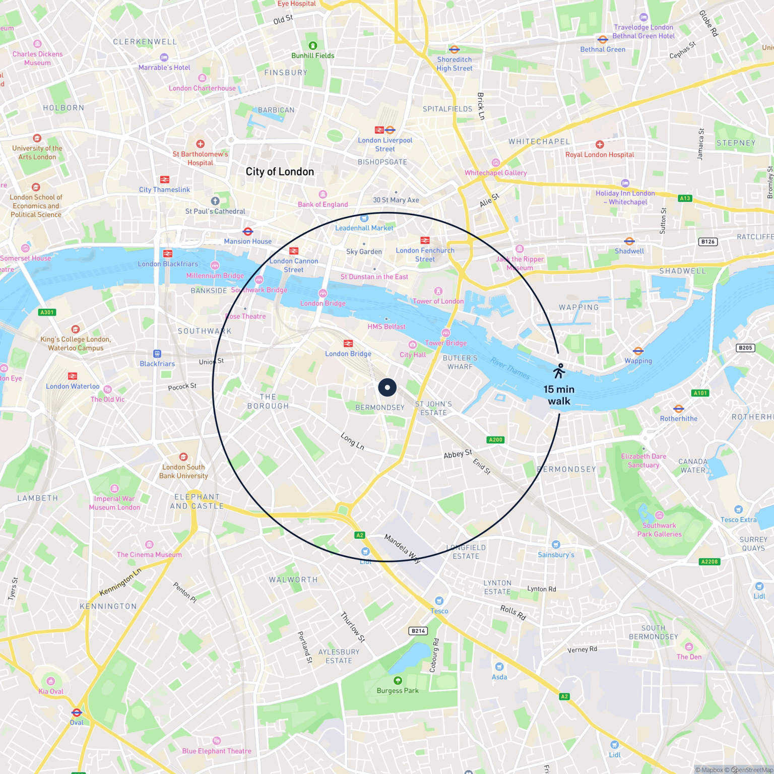 Map showing the location of 865, 866 & 866W Crucifix Lane , London, SE1 3JW and the surrounding 15 minute walk area.