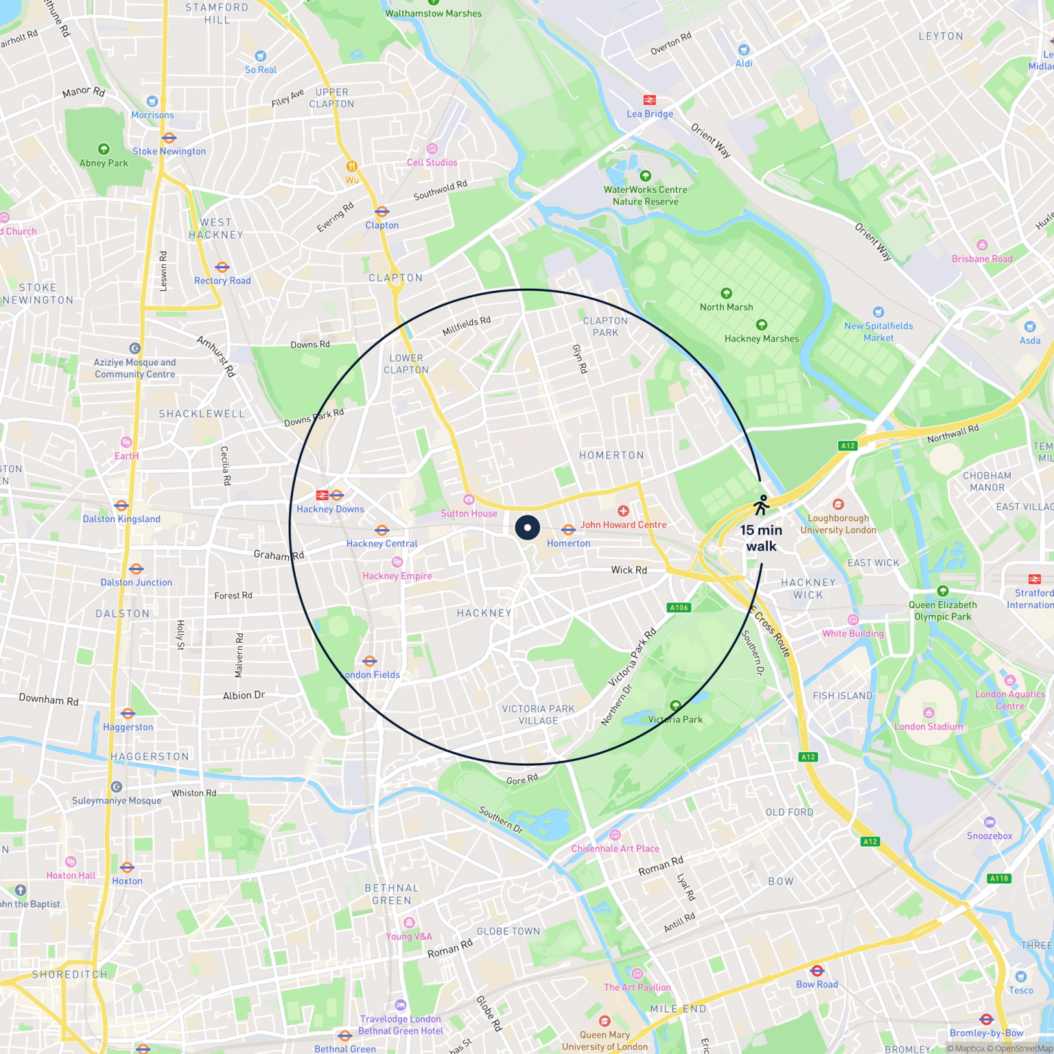 Map showing the location of 222 Ponsford Street, London, E9 6JH and the surrounding 15 minute walk area.
