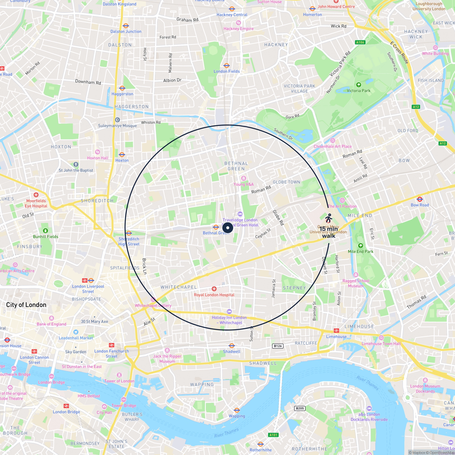 Map showing the location of 13a Cudworth Street, London, E1 5QU and the surrounding 15 minute walk area.