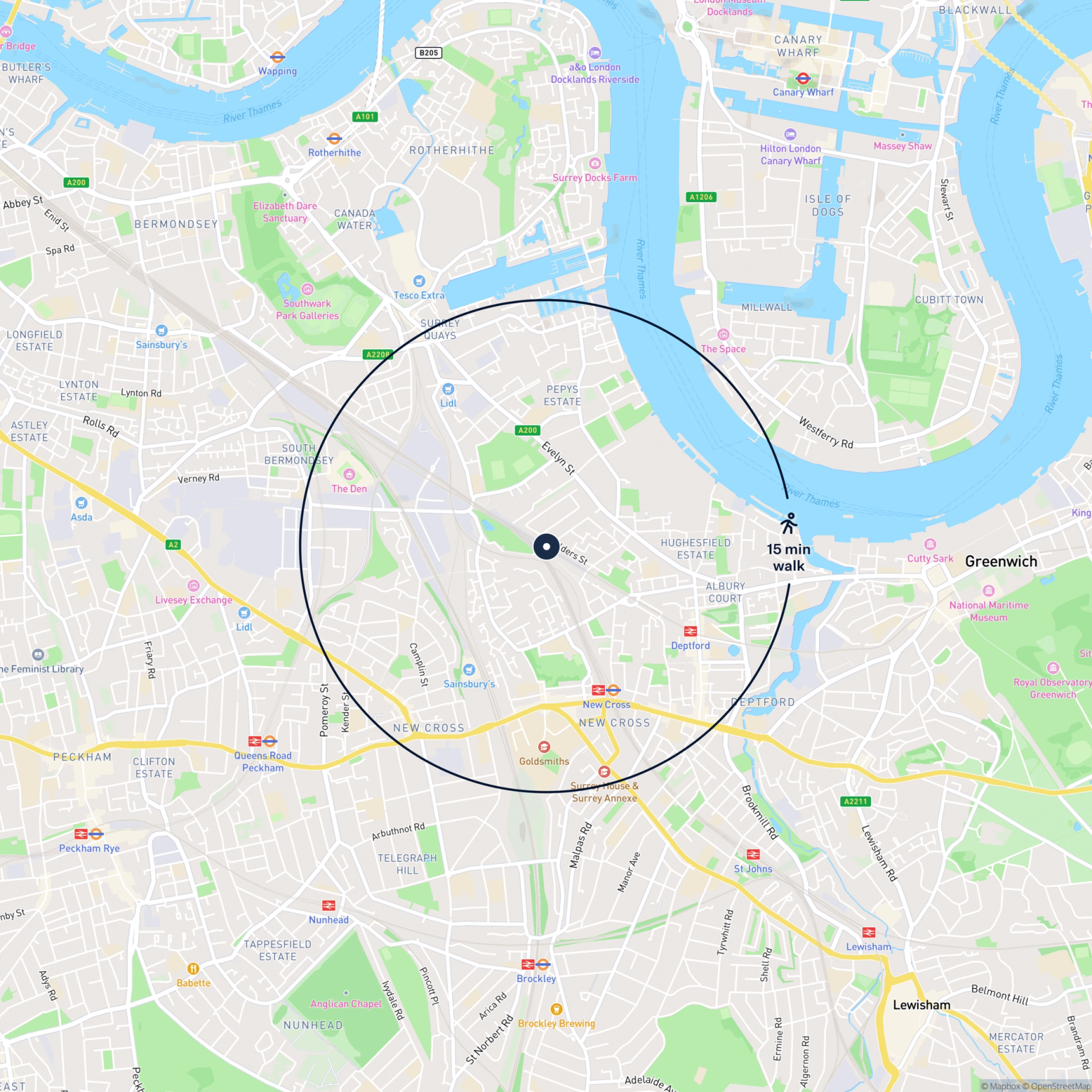 Map showing the location of 53 Parkside Business Estate, Deptford, SE8 5JB and the surrounding 15 minute walk area.