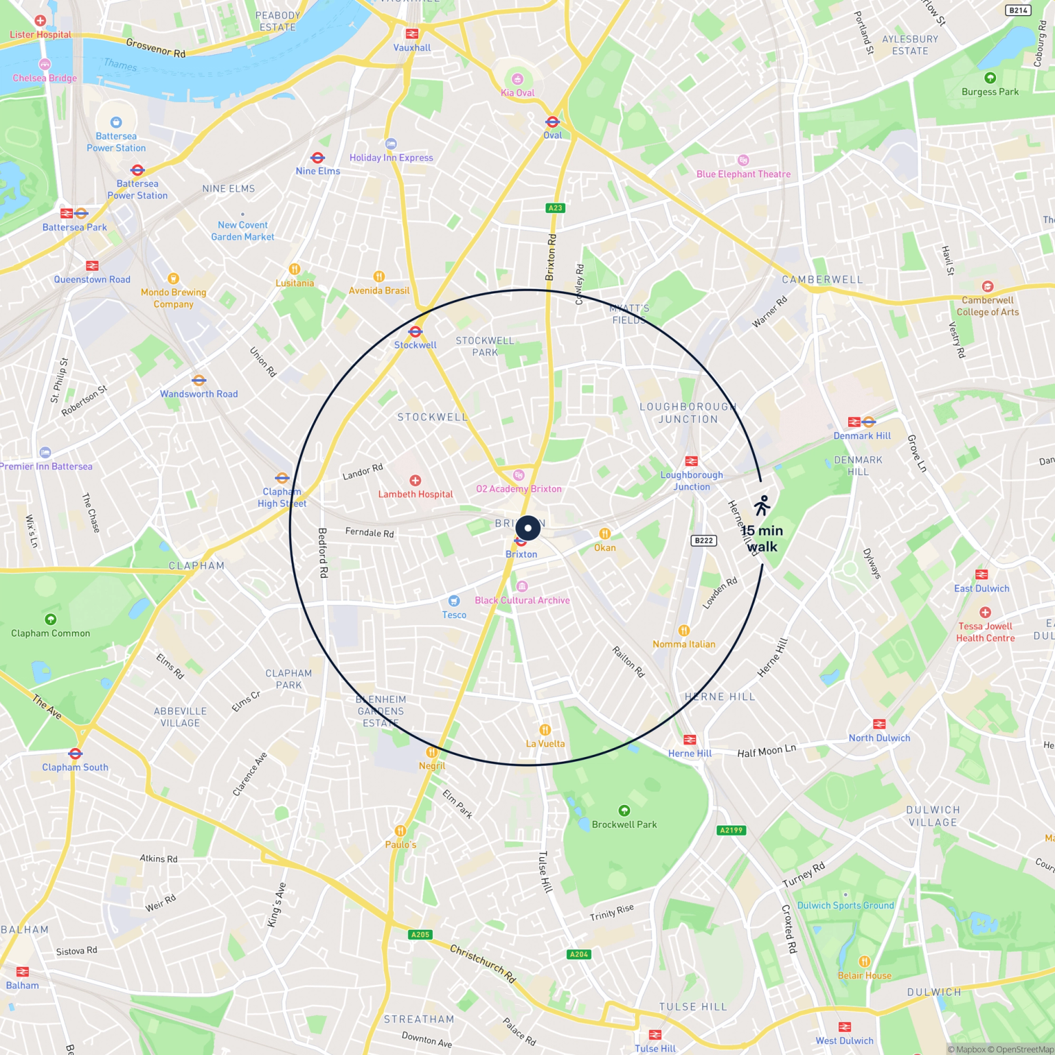Map showing the location of KIOSK 8 (ARCH 572) BRIXTON STATION ROAD, LONDON, SW9 8PD and the surrounding 15 minute walk area.