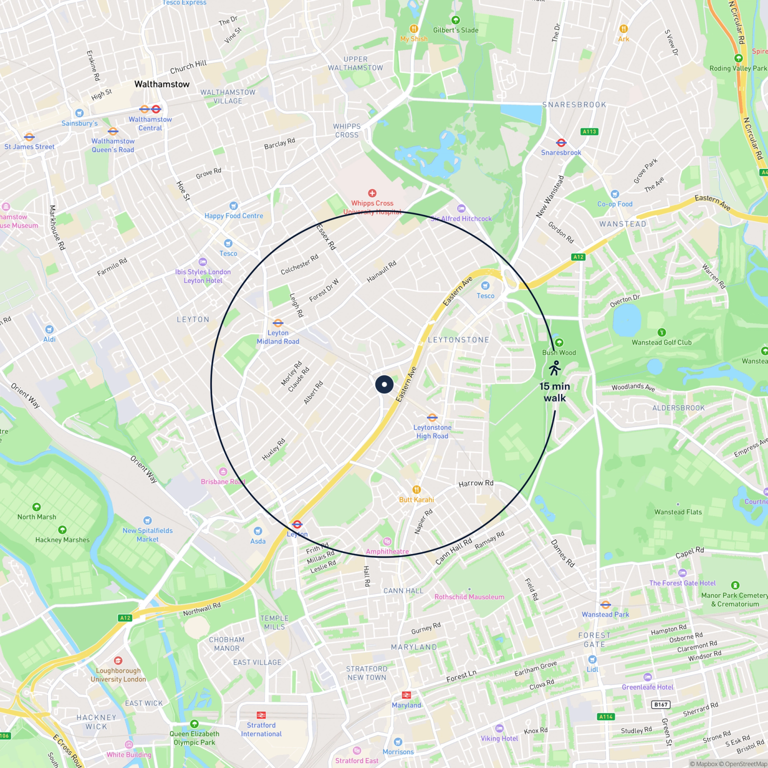 Map showing the location of ARCH 218 GROVE GREEN ROAD, London, E11 4AB and the surrounding 15 minute walk area.