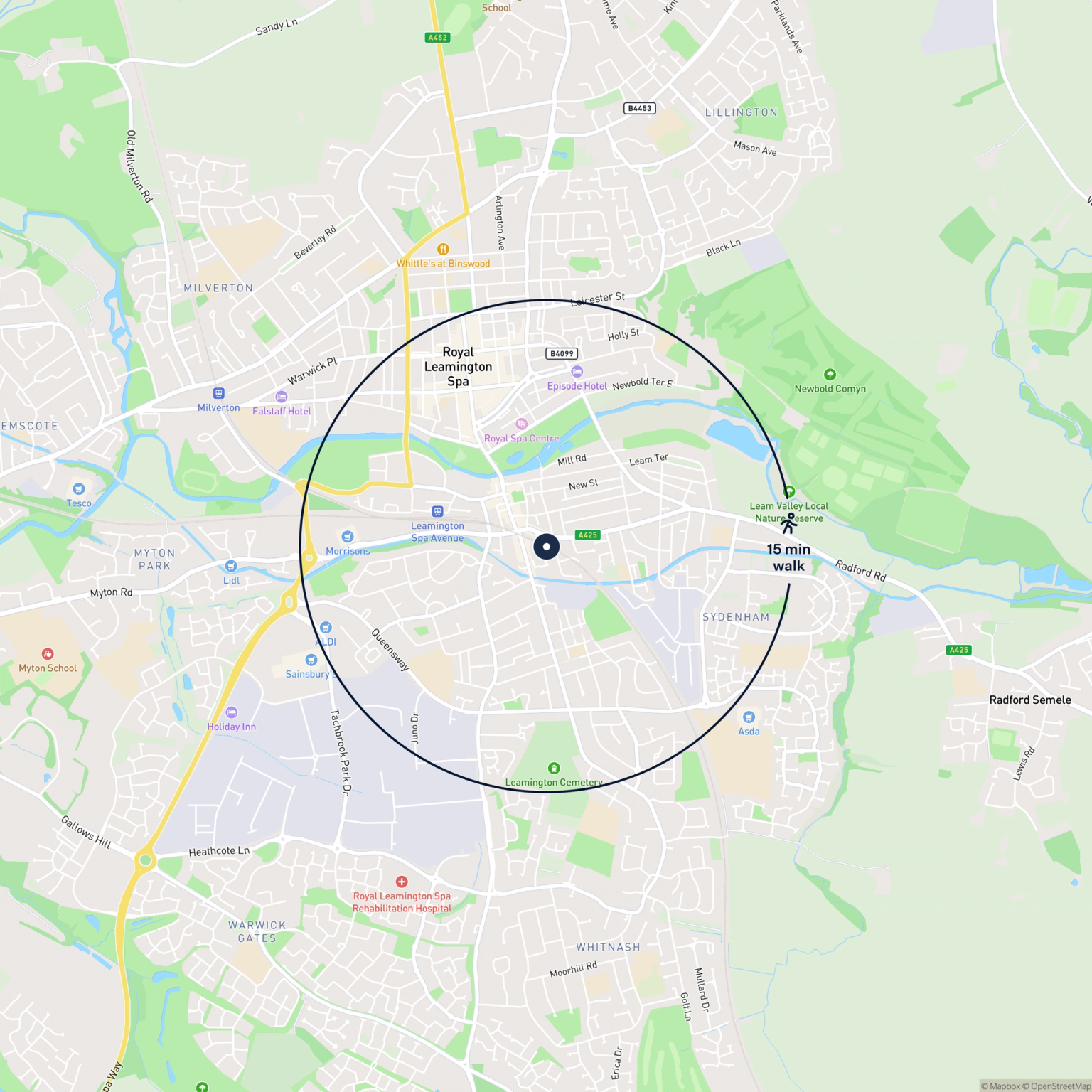 Map showing the location of Units 17, 18 and 19 Court Street, Leamington Spa, CV31 2BB and the surrounding 15 minute walk area.