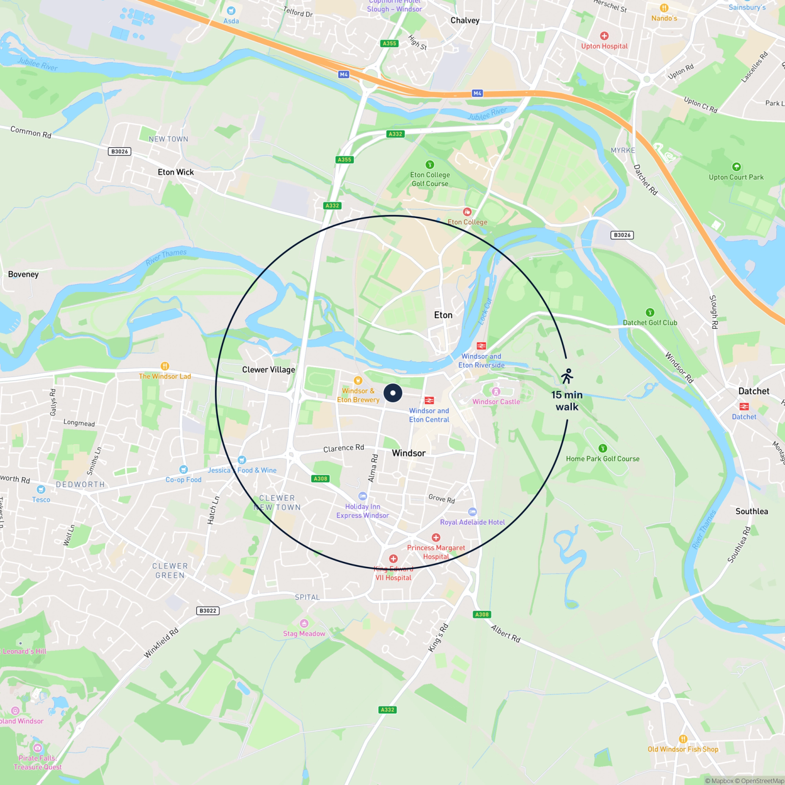 Map showing the location of Car Space - 3 Alma Road, Windsor, SL4 1QZ and the surrounding 15 minute walk area.
