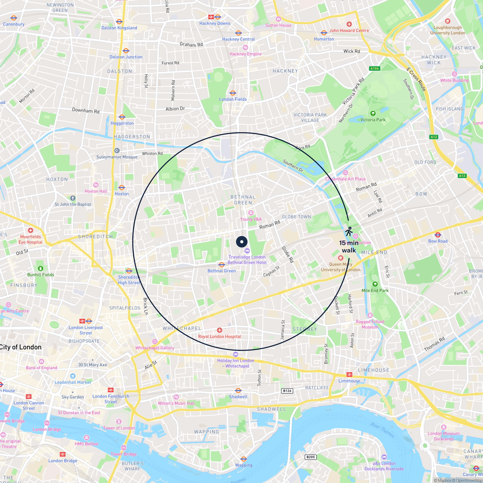 Map showing the location of 7 Gales Gardens, Bethnal Green, E2 0EJ and the surrounding 15 minute walk area.