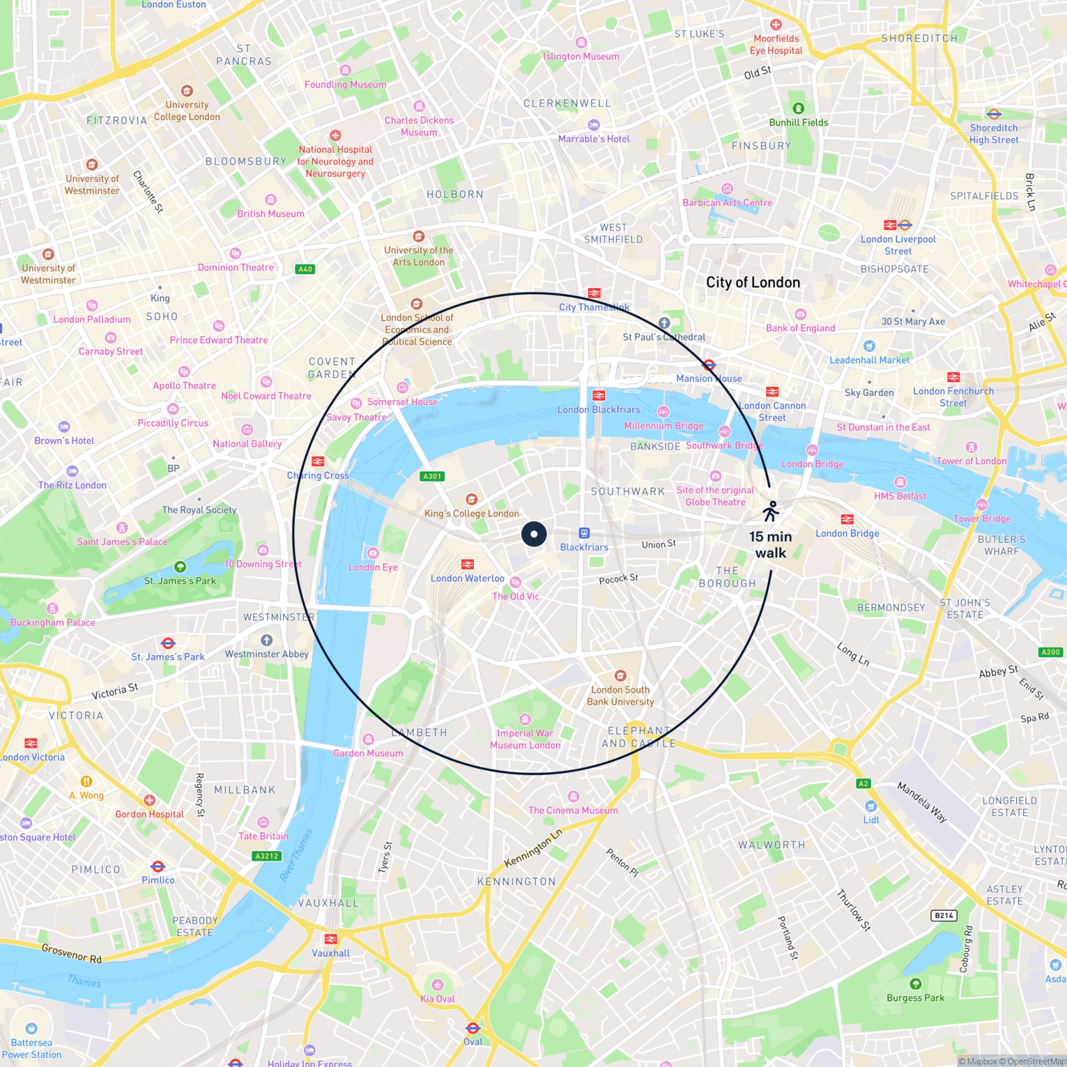 Map showing the location of 29 Wootton Street, London, SE1 8TB and the surrounding 15 minute walk area.